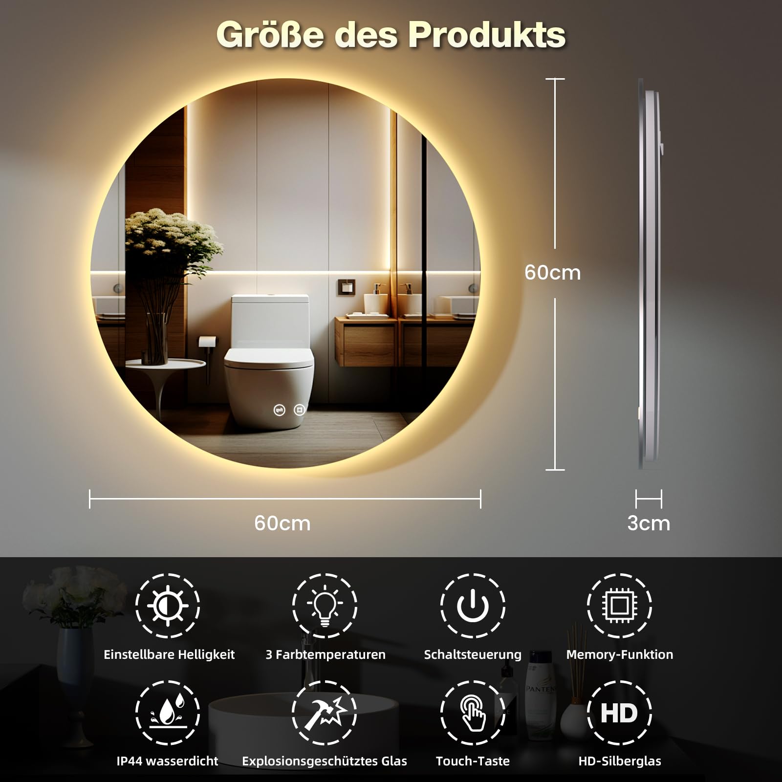 Badezimmerspiegel mit Beleuchtung, 60 cm Runder Badspiegel mit Beleuchtung, 3 Lichtfarben, Dimmbar, Touch-Schalter, Speicherfunktion, Energiesparend, LED Spiegel Bad Wandspiegel mit Licht