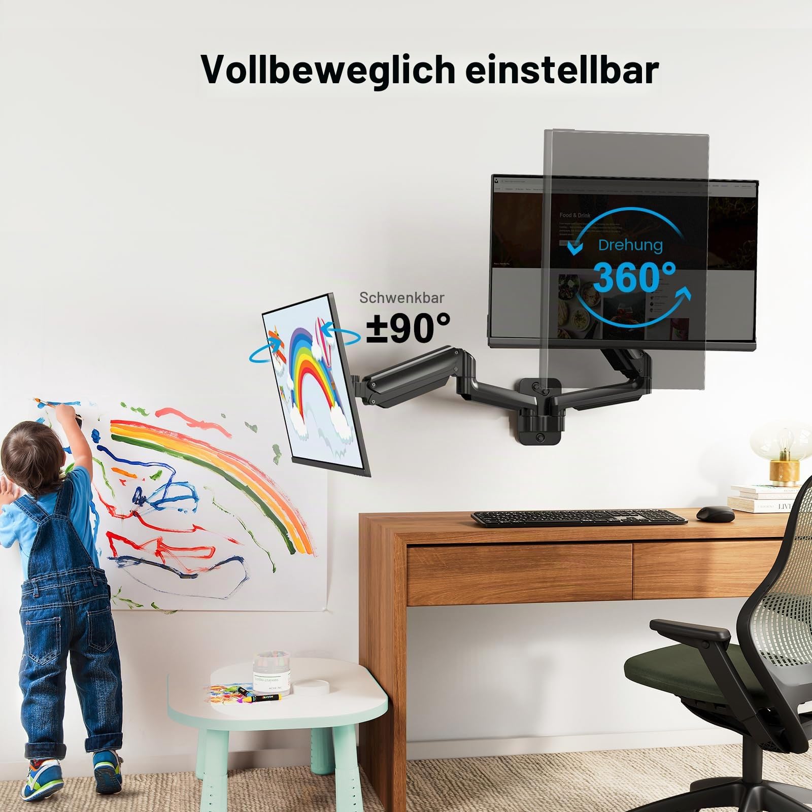 HUANUO Monitor Wandhalterung 2 Monitore, für 17-32 Zoll Bildschirme, mit Gasfederarm, Monitor Wandhalterung, unterstützt VESA 75/100 mm, 8 kg pro Arm Gaming