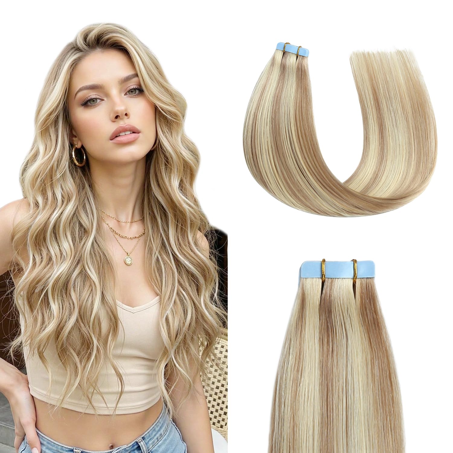 Tape in Hair Extensions Human Hair Ash Blonde Highlighted Bleach Blonde 18 Inch Straight #P18/613 50g/20Pcs