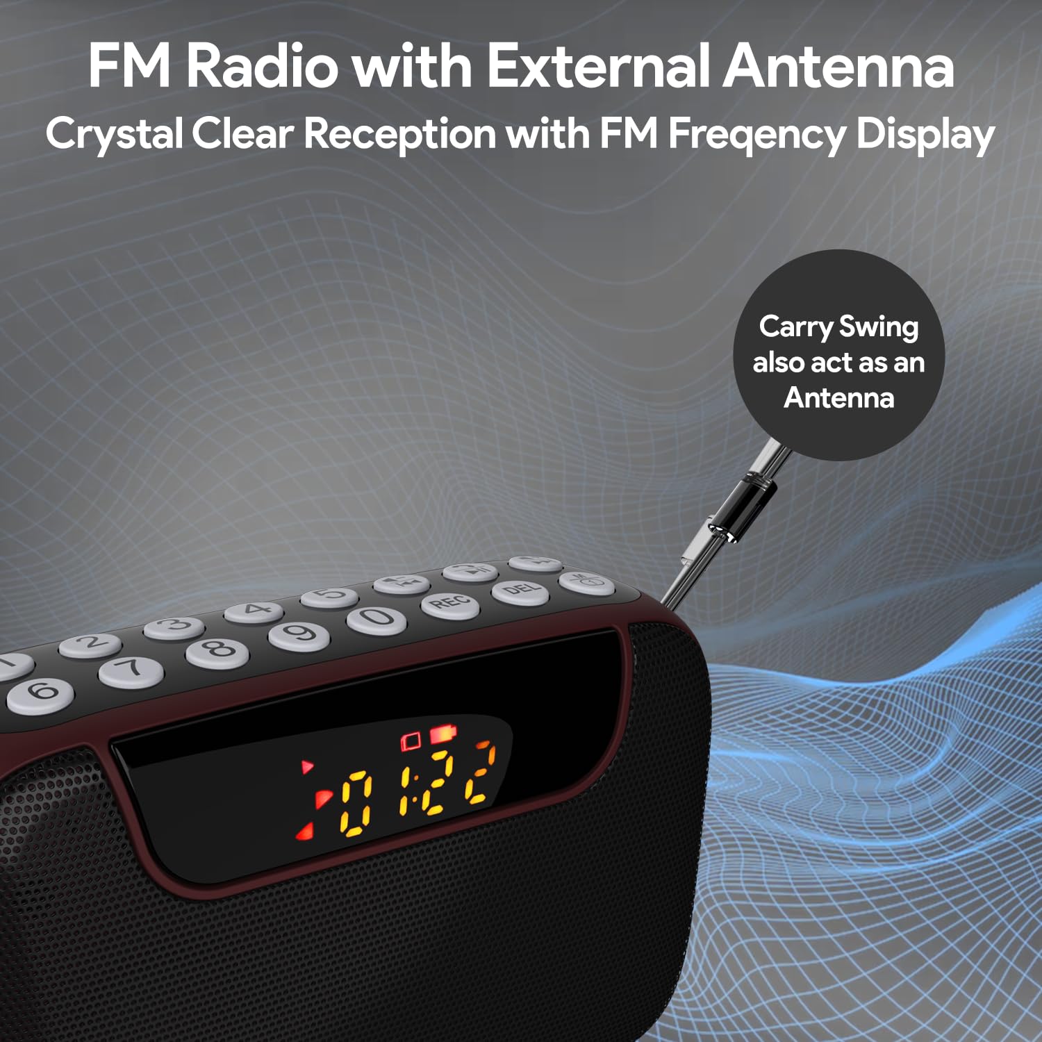 Amkette Pocket Blast displaying 94.3 on its screen, with the external antenna extended, illustrating FM radio functionality.