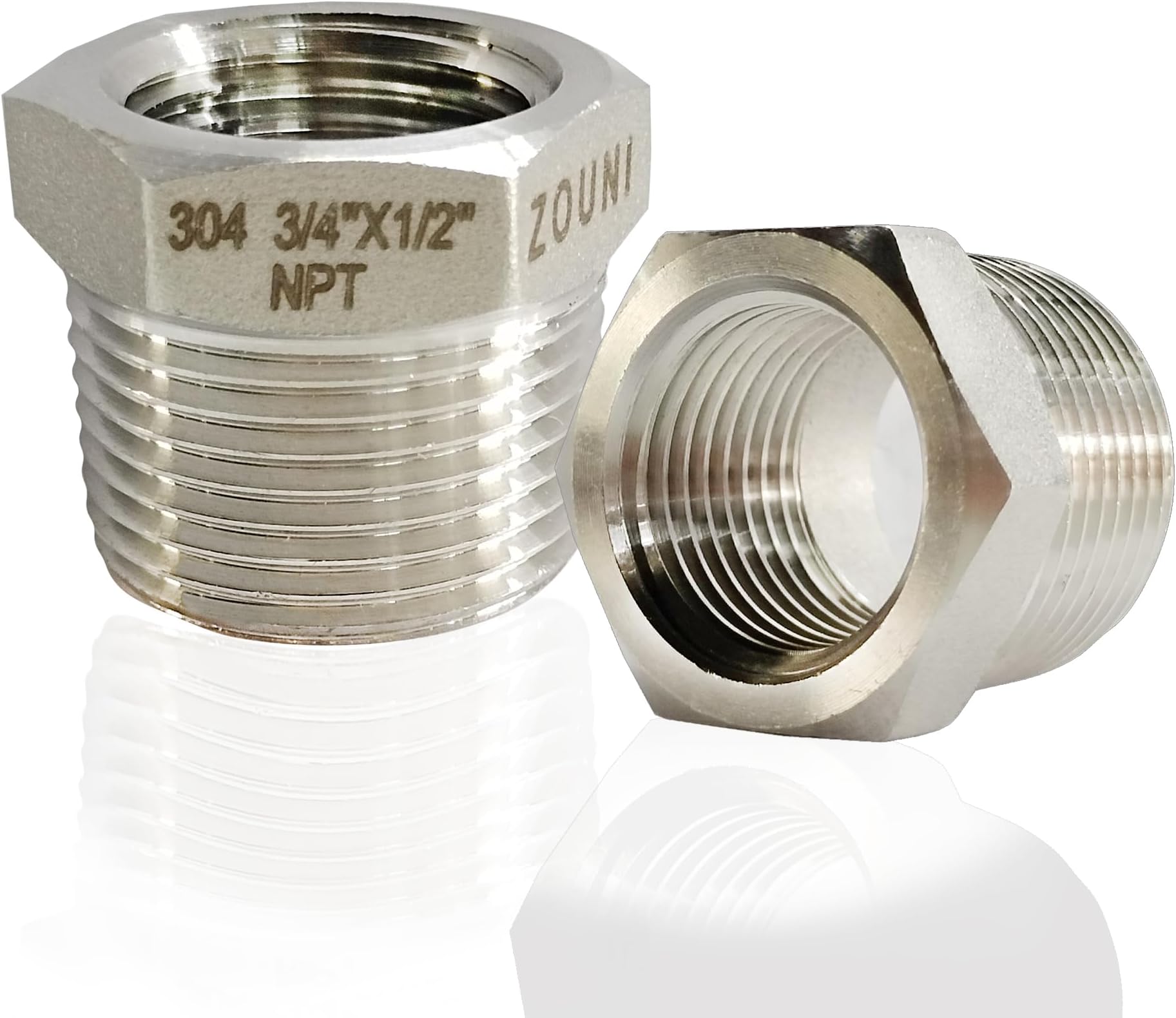 2 Pcs Reducer Hex Bushing, 304 Stainless Steel 3/4" Male NPT to 1/2" Female NPT（ 3/4"MNPT - 1/2"FNPT） Pipe Fitting Hex Bushing, Heavy Duty Pipe Fitting Reducer Adapter