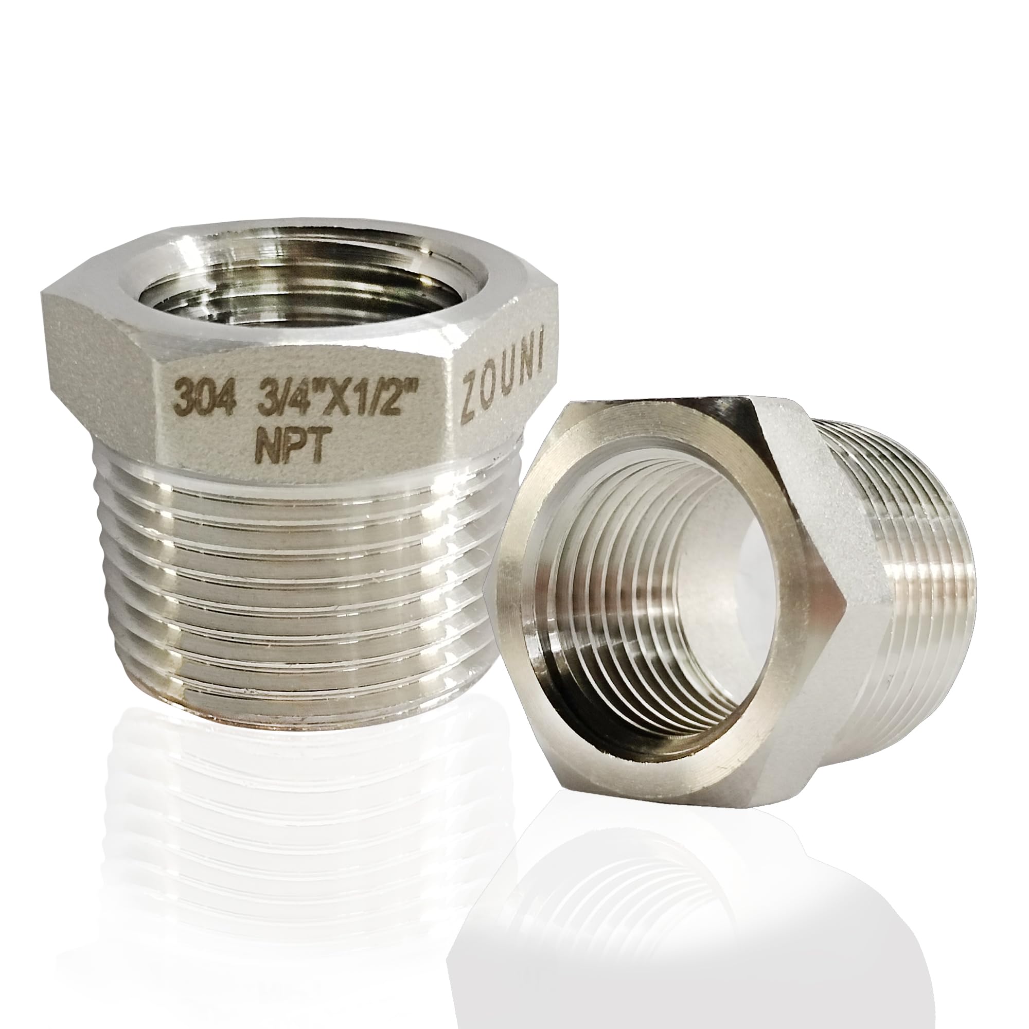 ZOUNI2 Pcs Reducer Hex Bushing, 304 Stainless Steel 3/4" Male NPT to 1/2" Female NPT（ 3/4"MNPT - 1/2"FNPT） Pipe Fitting Hex Bushing, Heavy Duty Pipe Fitting Reducer Adapter
