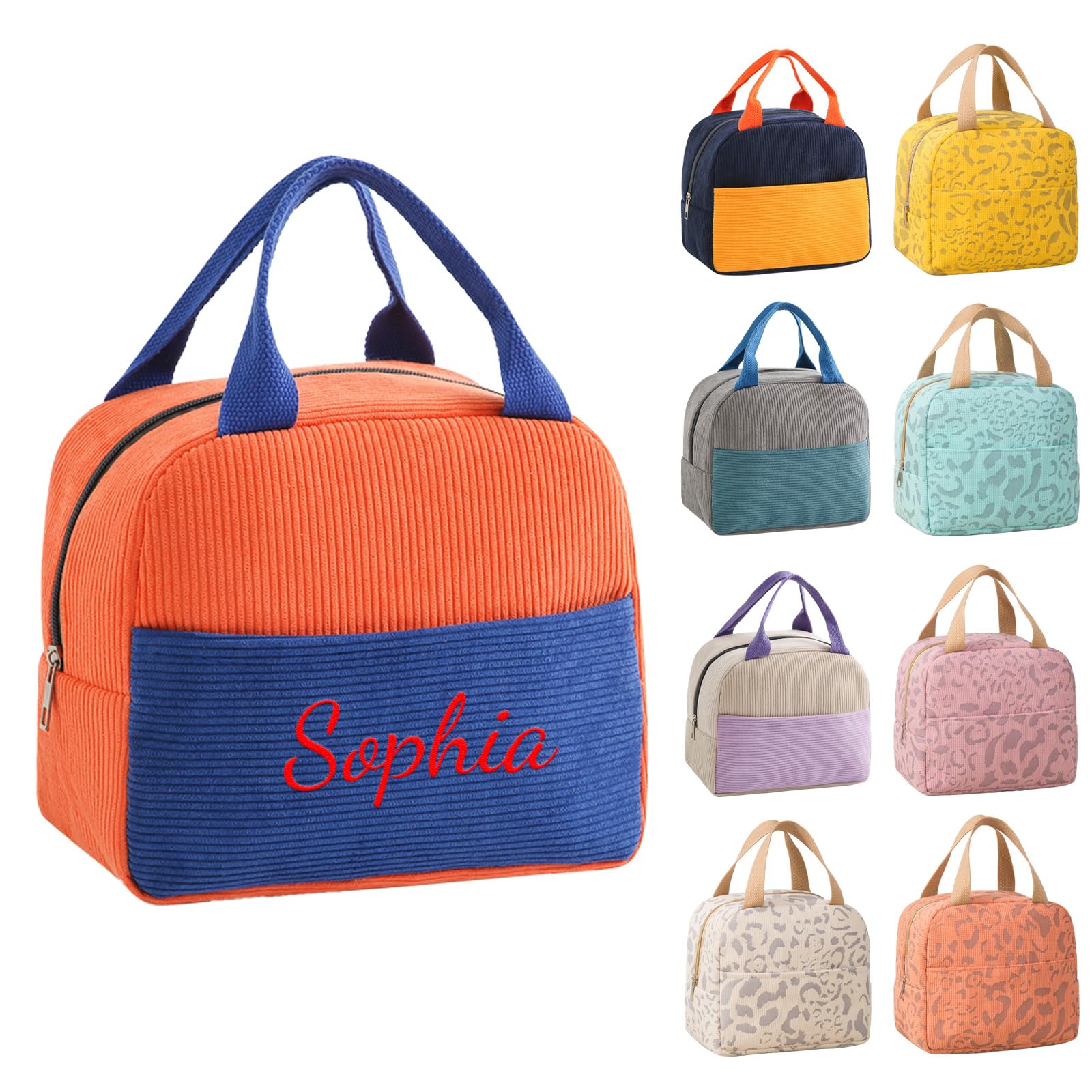 Personalised Embroidered Lunch Bag for Women Kids Adults, Custom Name Insulated Waterproof Lunch Tote Bag, Reusable Lightweight Lunch Box for School Work Office Picnic Travel (Orange)