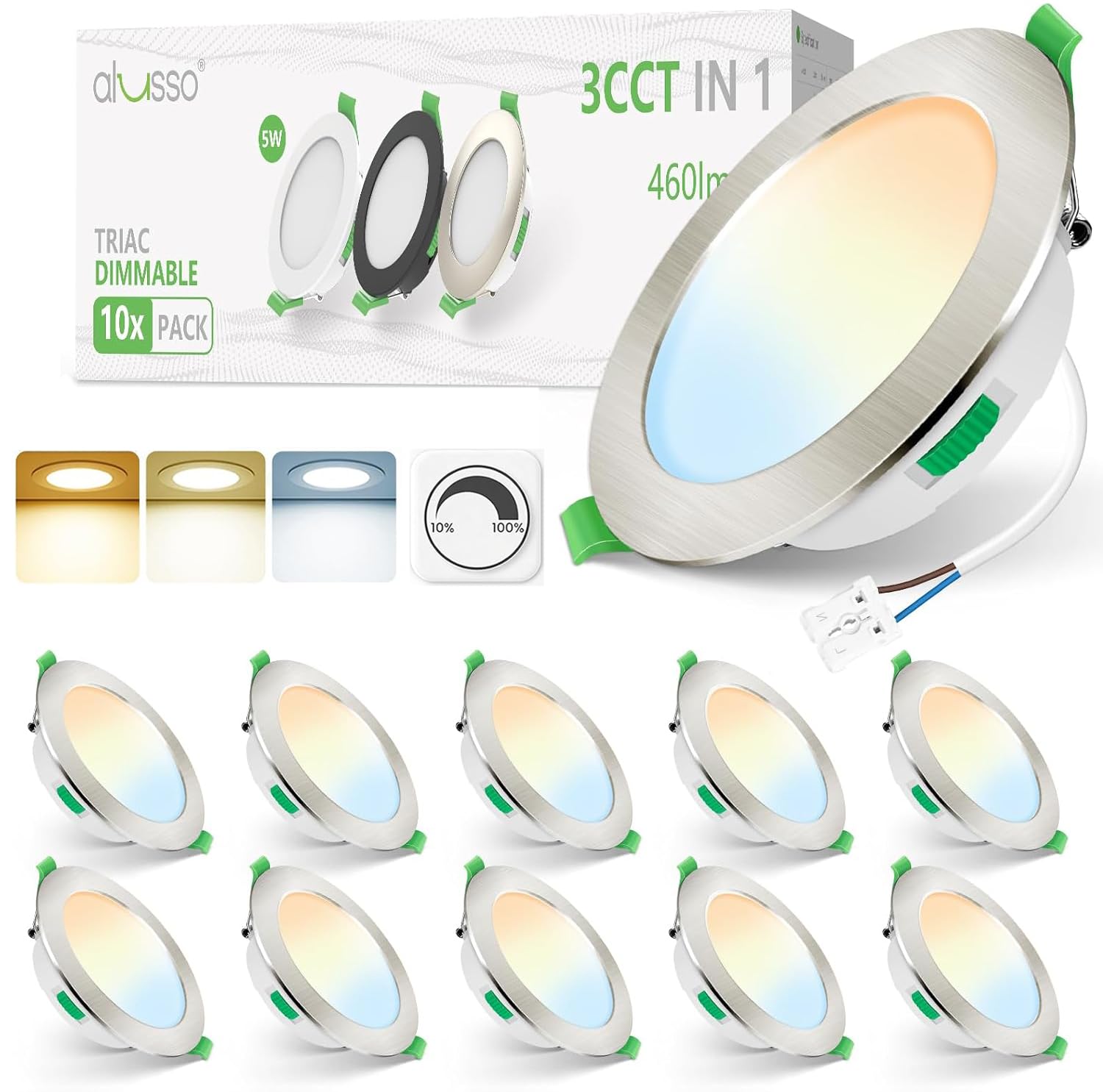 ALUSSO Einbaustrahler LED 230V 3CCT Dimmbar 68-78mm 5W 10er Set | 440LM LED Spots, 3000K Warmweiß 4000K Neutralweiß 6500K Kaltweiß Einbauleuchten, IP44 Deckenspots für Badezimmer Küche