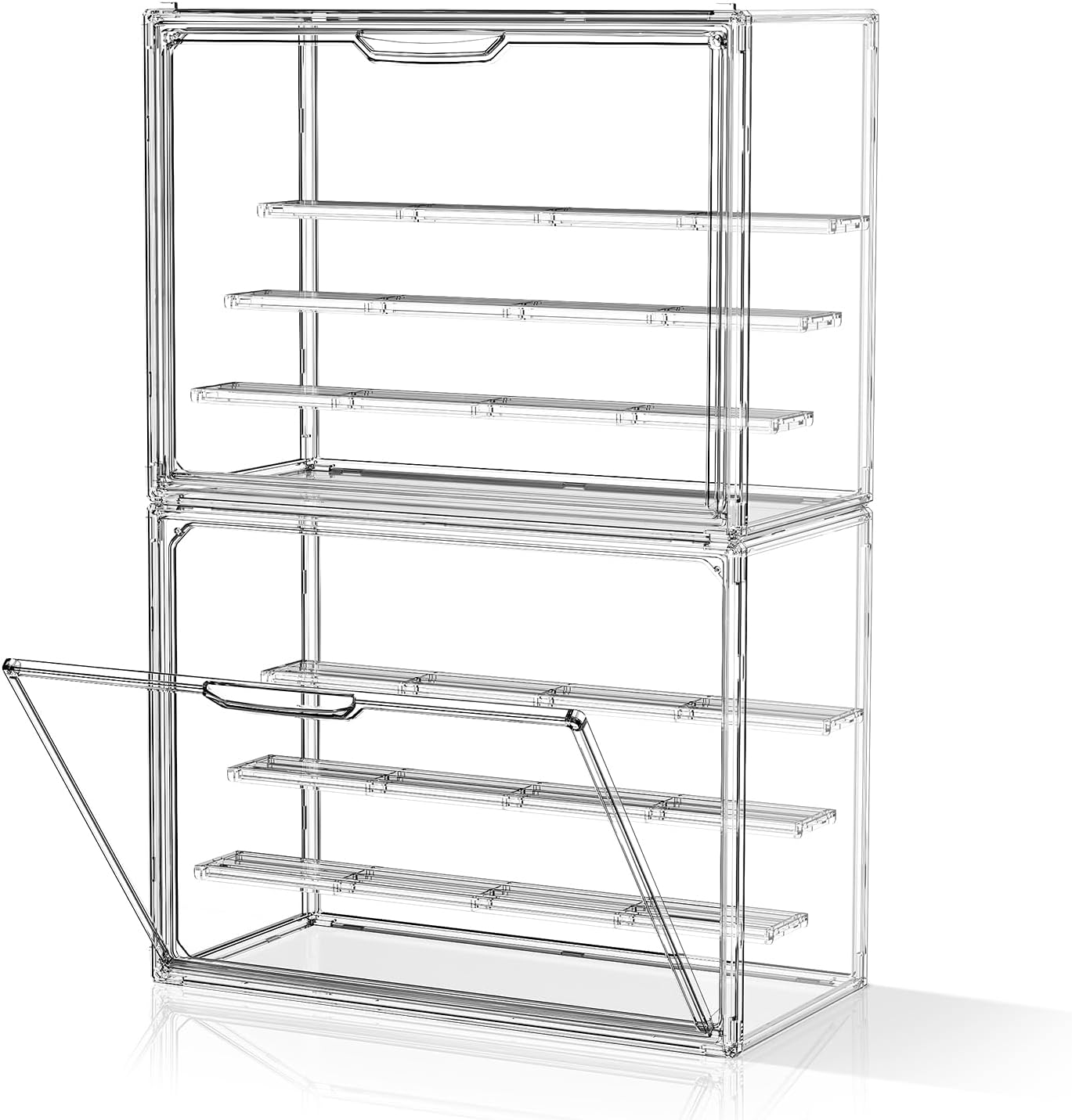 Clear Acrylic Display Case for Figures 4 Layers 2 Pack Figurine Display Cases with Shelves Stackable Display Box Showcase with Magnetic Door for Collectibles, Keep Collection Dustproof