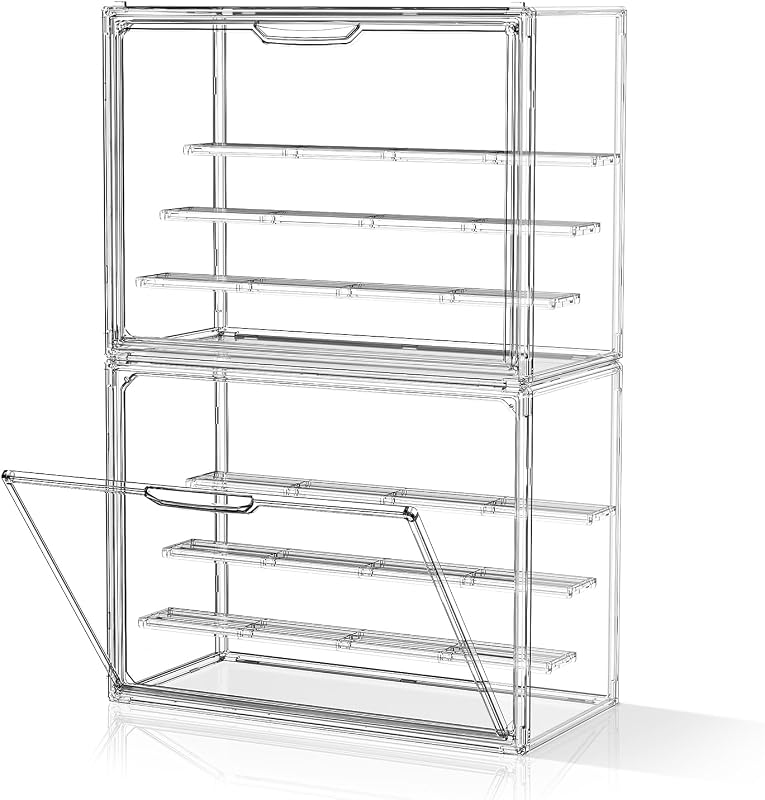 HOYOJA Clear Acrylic Display Case for Figures 4 Layers 2 Pack Figurine Display Cases with Shelves Stackable Display Box Showcase with Magnetic Door for Collectibles, Keep Collection Dustproof