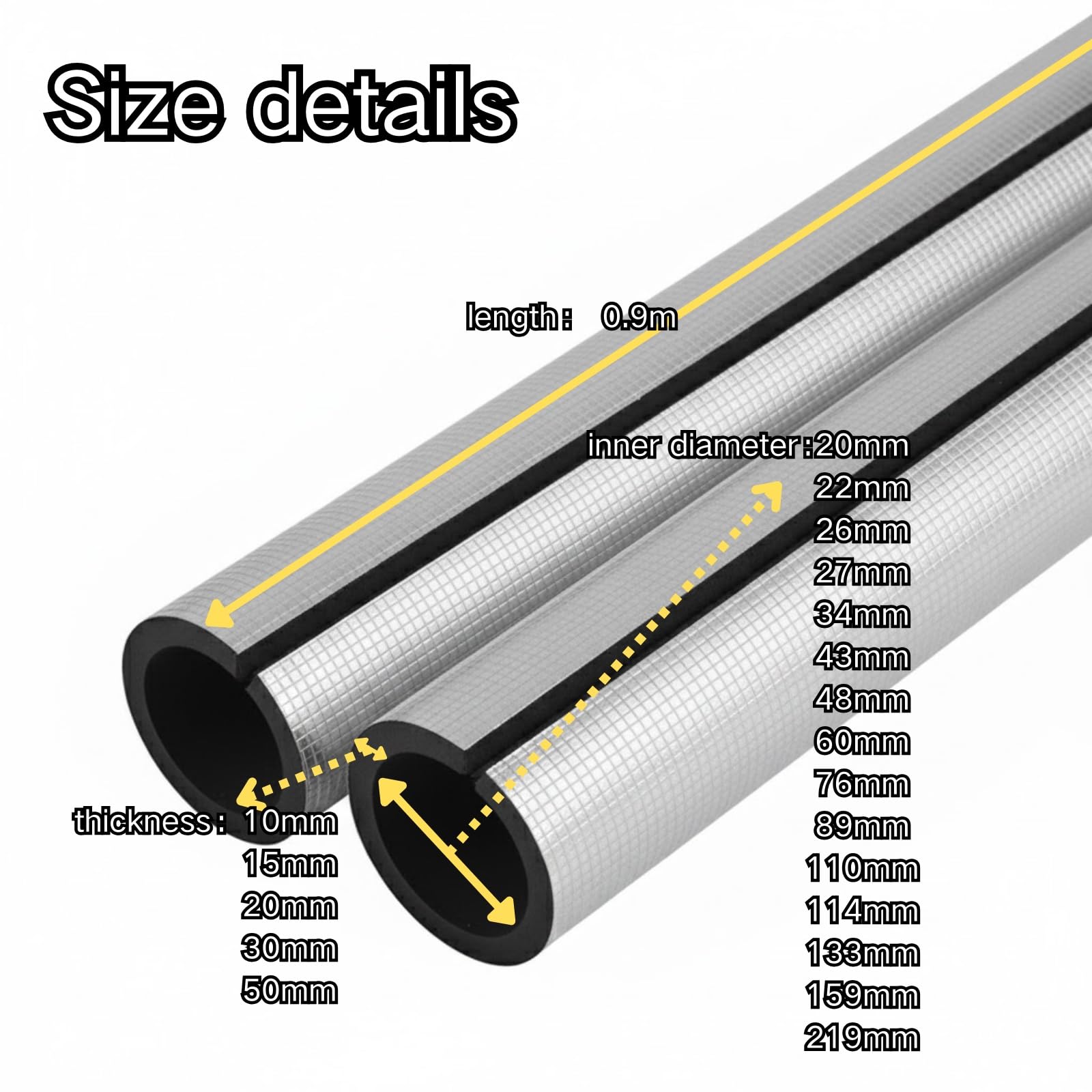 Tubo De Espuma, Fundas De Aislamiento Térmico Para Tuberías Exteriores, Coquilla Aislamiento De Aluminio Autoadhesivo Anticongelante Manguera Aislante De Caucho ID 48(ID219mm x T50mm x L0.9m)