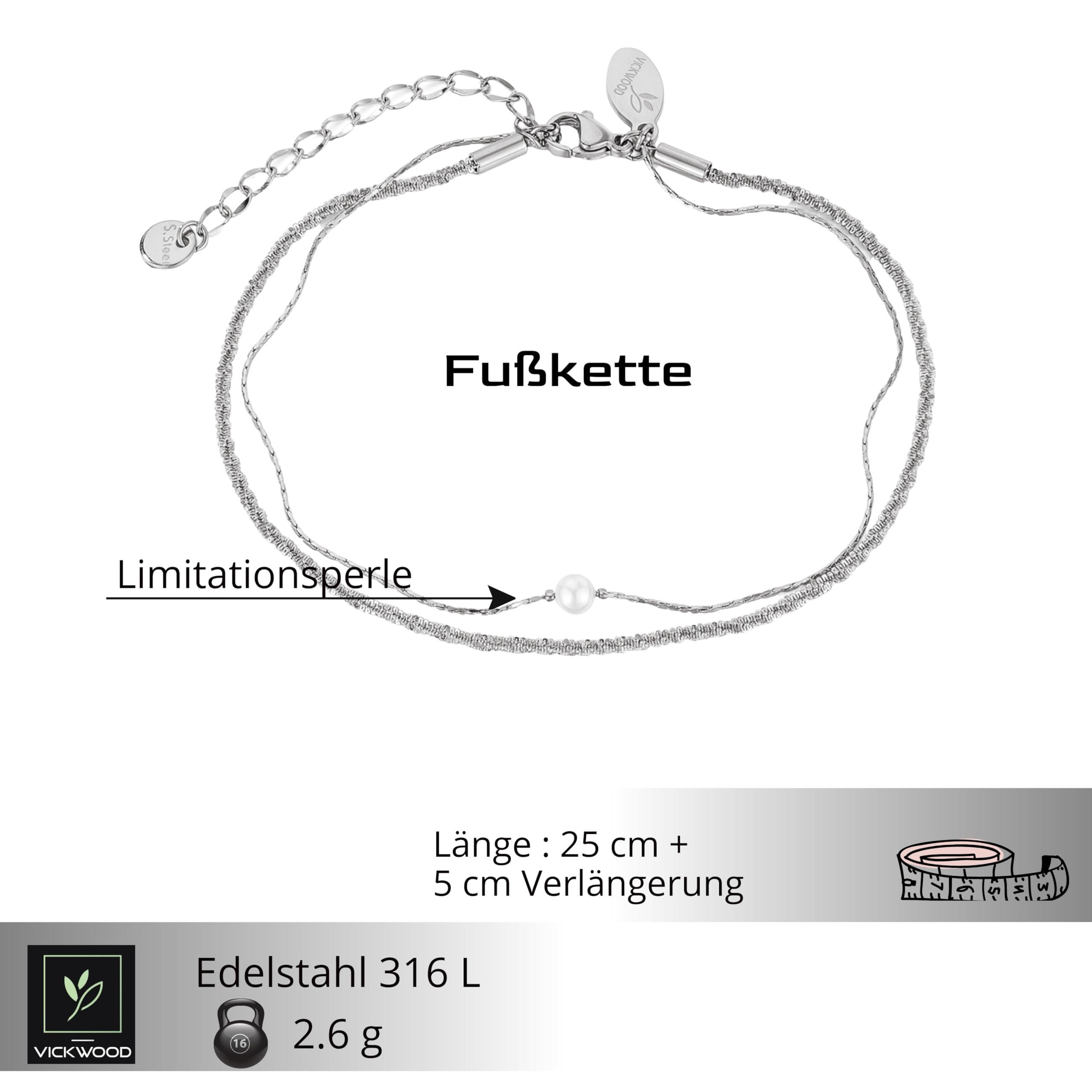 Fußkettchen für Damen Wasserfest bis 30cm lang Edeltahl Fußkette/Armband-Halskette Set Layering-Perlen - Fussketten für Frauen - Silber/Rosegold/Gold