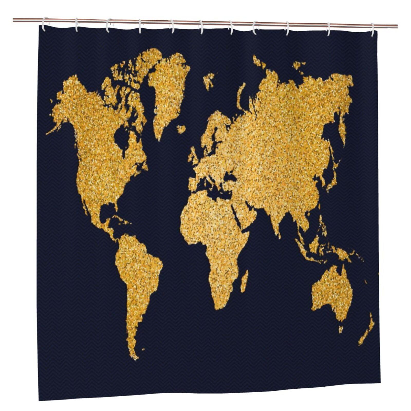 Oudrspo Polyester Fabric Shower Curtain - 70x70 Inch with Metal Grommets, Artistic Privacy Design, World Map Symbol Concept Illustration Gold