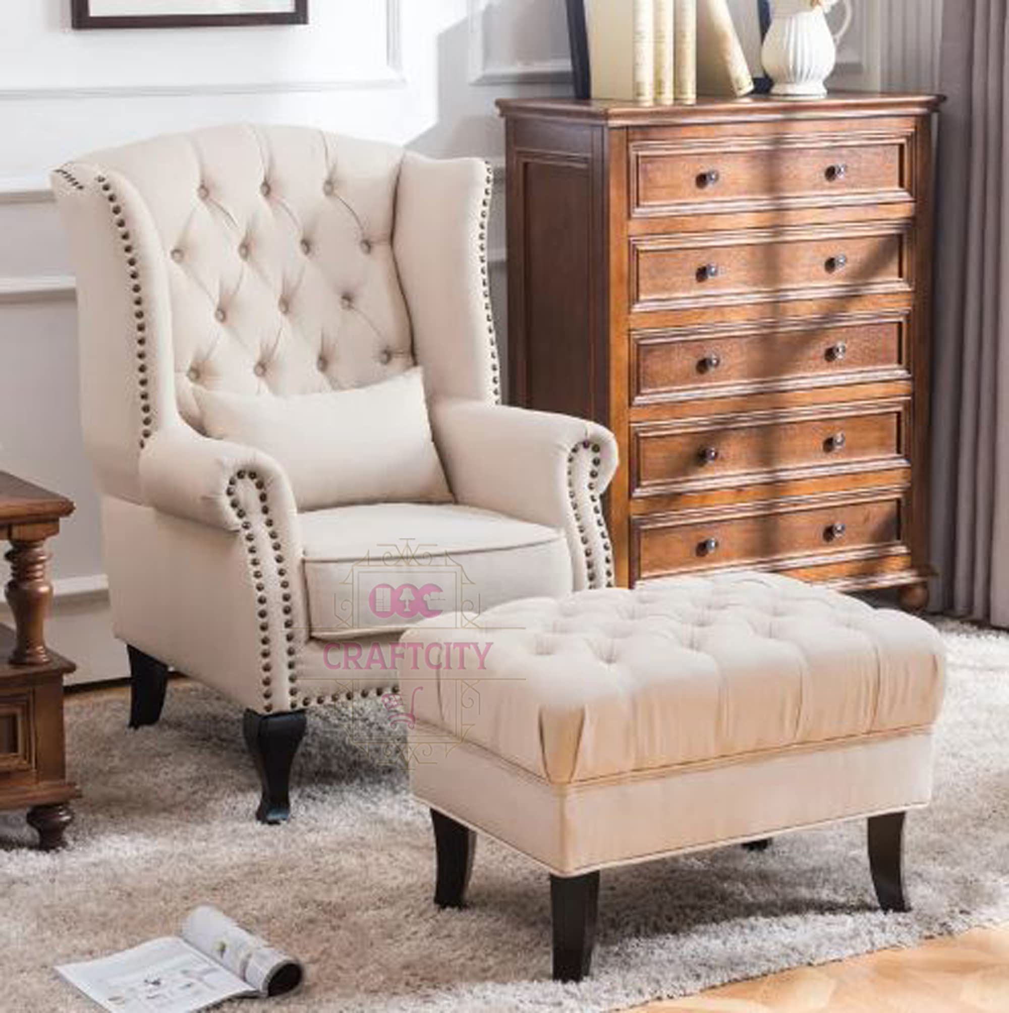 CRAFTCITY Wood |Wing Chair for Living Room with Ottoman |Chair with Foot Rest and Cushion | Wingback Chair for Livingroom, Bedroom, Office (Beige)-image-8
