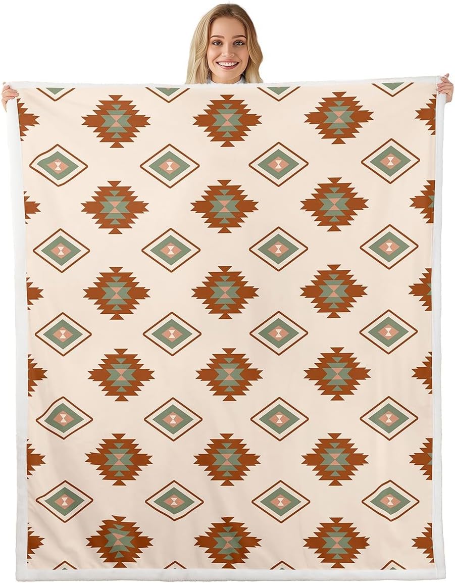Feelyou Kids Aztec Sherpa Blanket Orange Western Fleece Throw Blanket Southwestern Decor Plush Blanket for Bed Sofa Couch for Boys Girls Bohemian Fuzzy Blanket Throw 50"x60"