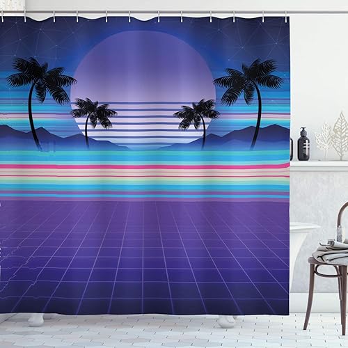 Ambesonne Synthwave - Cortina de ducha, diseño retrowave de rayas coloridas y palmeras galácticas, juego de decoración de baño de tela con ganchos,