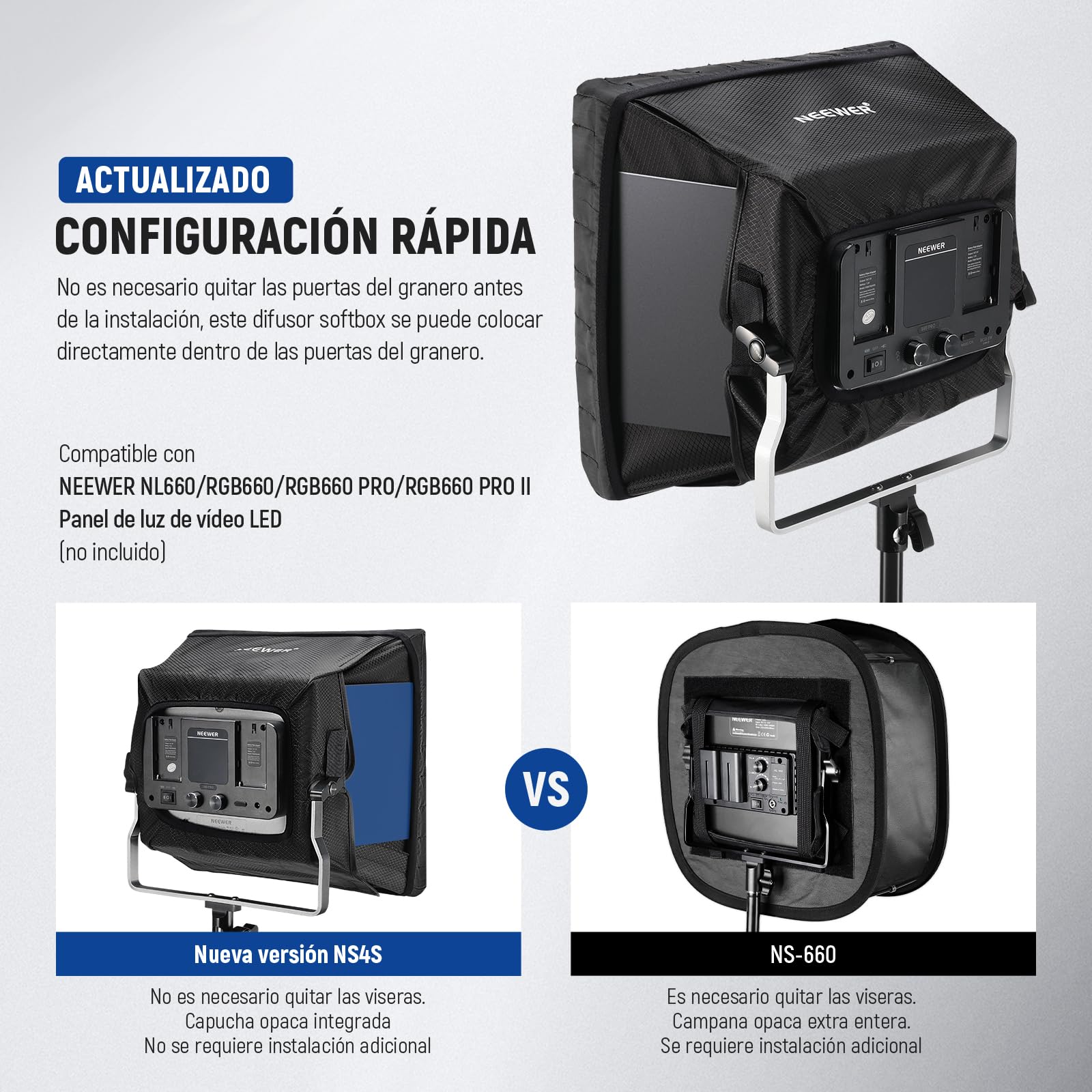 NEEWER Difusor Softbox Actualizado para Panel de Luz de Video LED NL660 RGB660 Pro II, 12.6"x11.6" Plegable con Rejilla/Bolsa/Capucha Opaca, Configuración Rápida para Luz Suave, NS4S