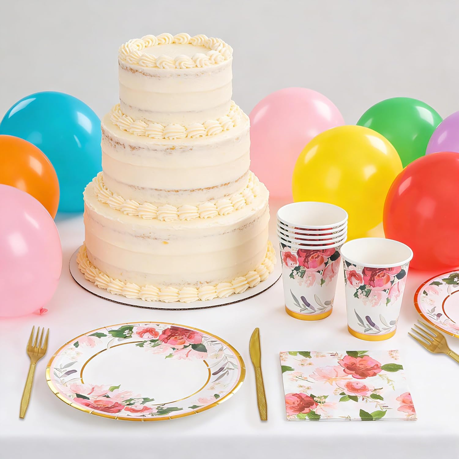 280pcs Floral Paper Plates Napkins Set for 35 Guests | Disposable Party Tableware with Cups Cutlery Straws | Bridal Shower Birthday Wedding Decorations
