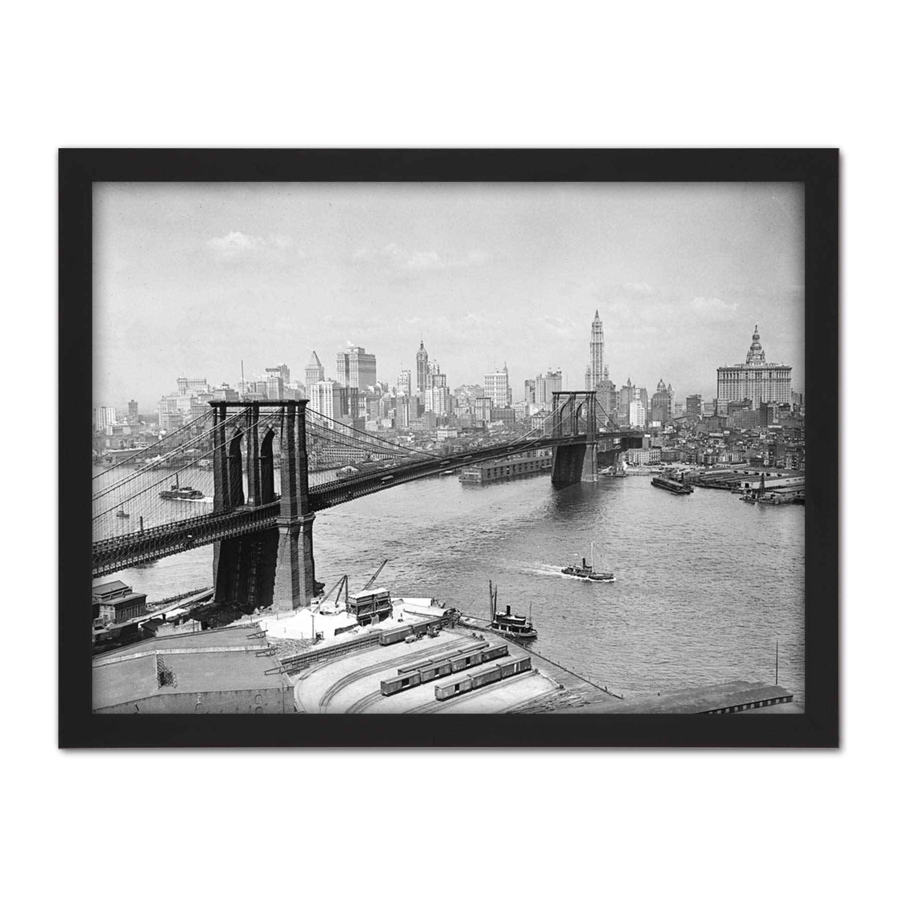 Artery8 Brooklyn Bridge New York City Skyline 1910 Photo Artwork Framed Wall Art Print 18X24 Inch
