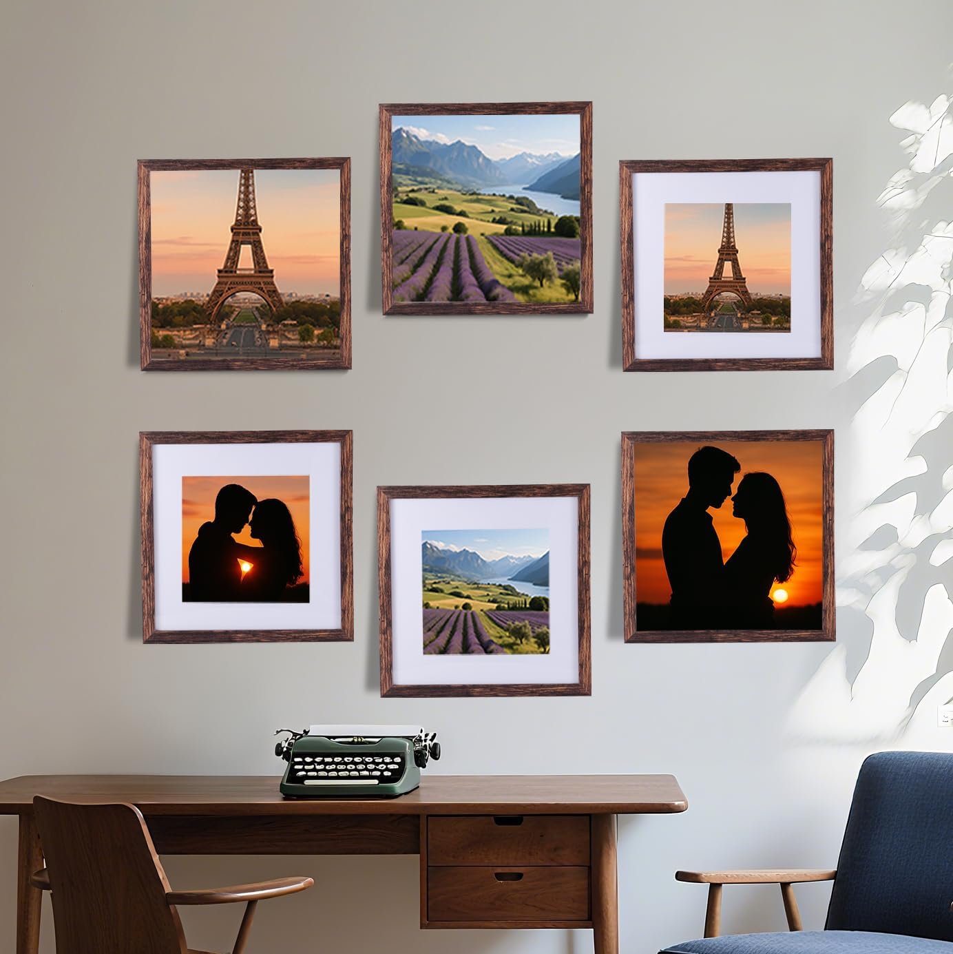 6 Pcs 8x8 Rustic Brown Wood Picture Frame - Display Pictures 5x5 with Mat or 8 x 8 without - Distressed Brown Wooden Photo Frames for Wall Mounting or Table 8 8 Matted to 5x5 Farmhouse Set of 6