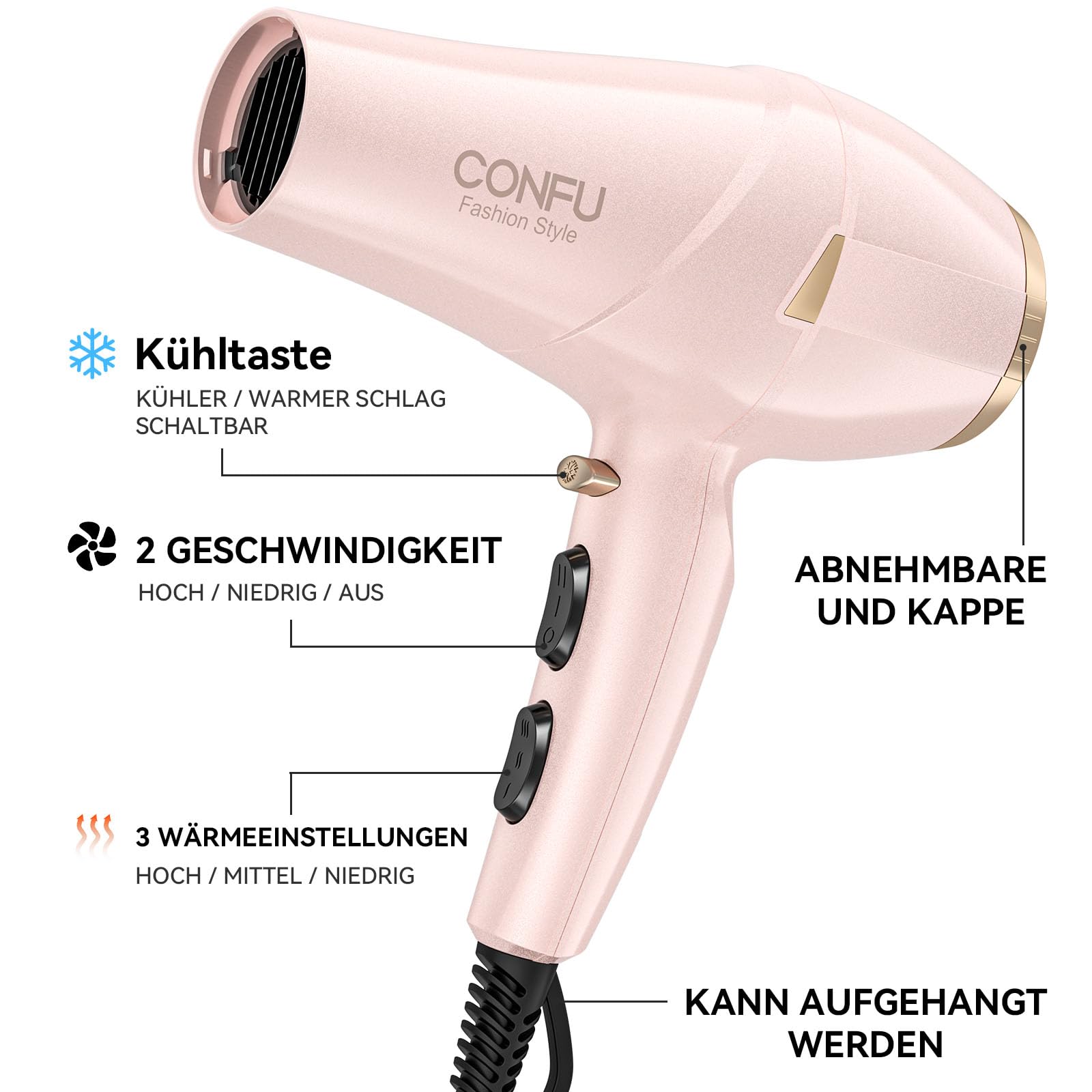 CONFU Ionen Föhn Professioneller Fön Salon Haartrockner Leicht und Leise Magnetischer Diffusor und StylingDüse, für Hause Salon und Reisen