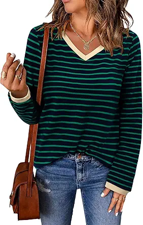 ONLYSHE Women's Casual Striped Long Sleeve Tops Crew Neck Knit Basic Loose Fit T Shirts Fall Fashion Tunic Outfits