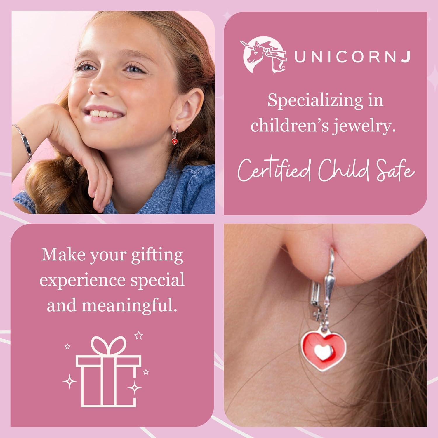 UNICORNJ Sterling Silver 925 Heart Earrings Leverback Dangle for Girls with Enamel Heart in Heart - Image 3