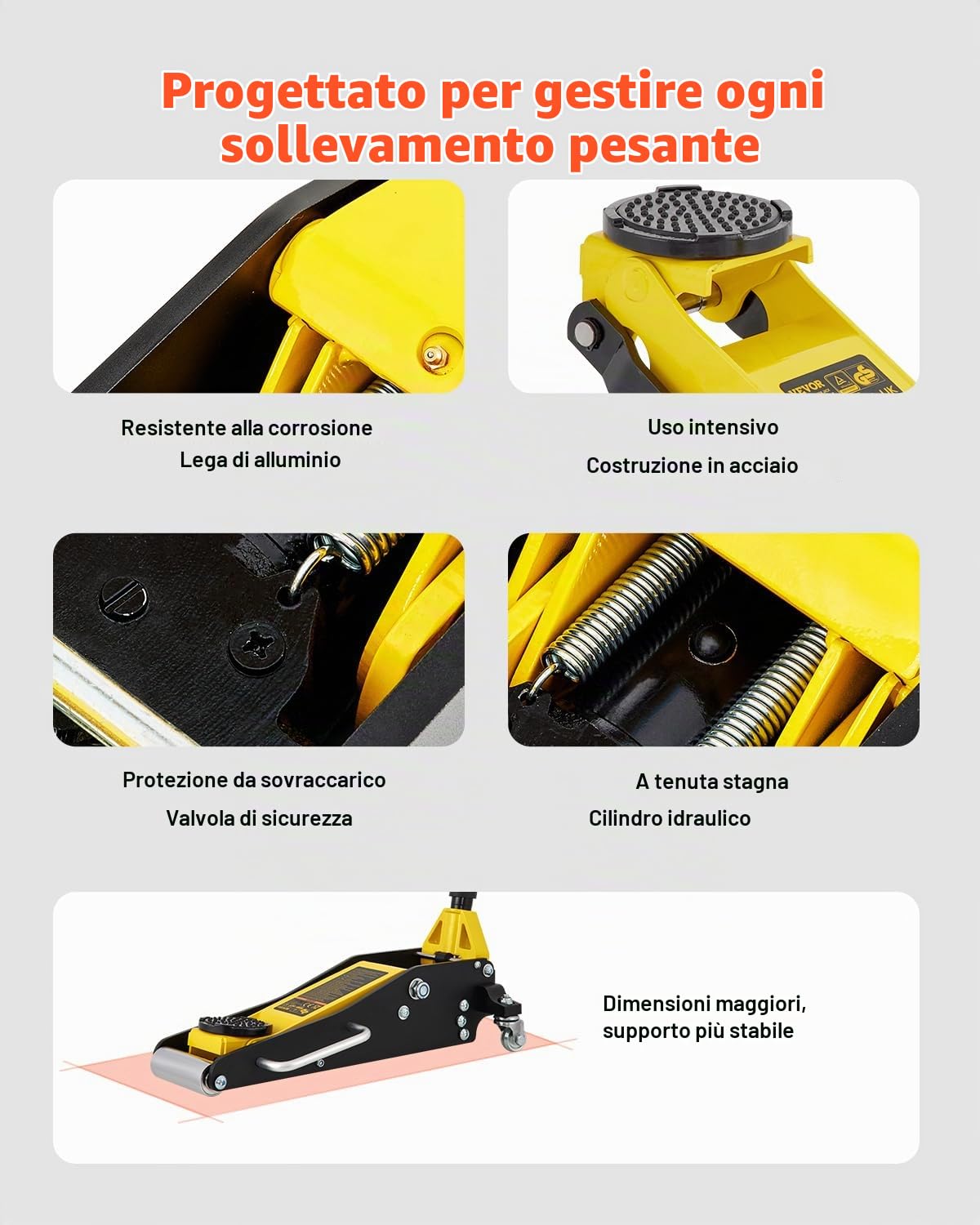 VEVOR Martinetto Idraulico con Ruote in Acciaio Capacità di Sollevamento Max. 1,5 Tonnellate per Riparazione Auto Barca Veicolo, Sollevatore con Ruote Altezza Regolabile tra 80-365mm da Auto Camion