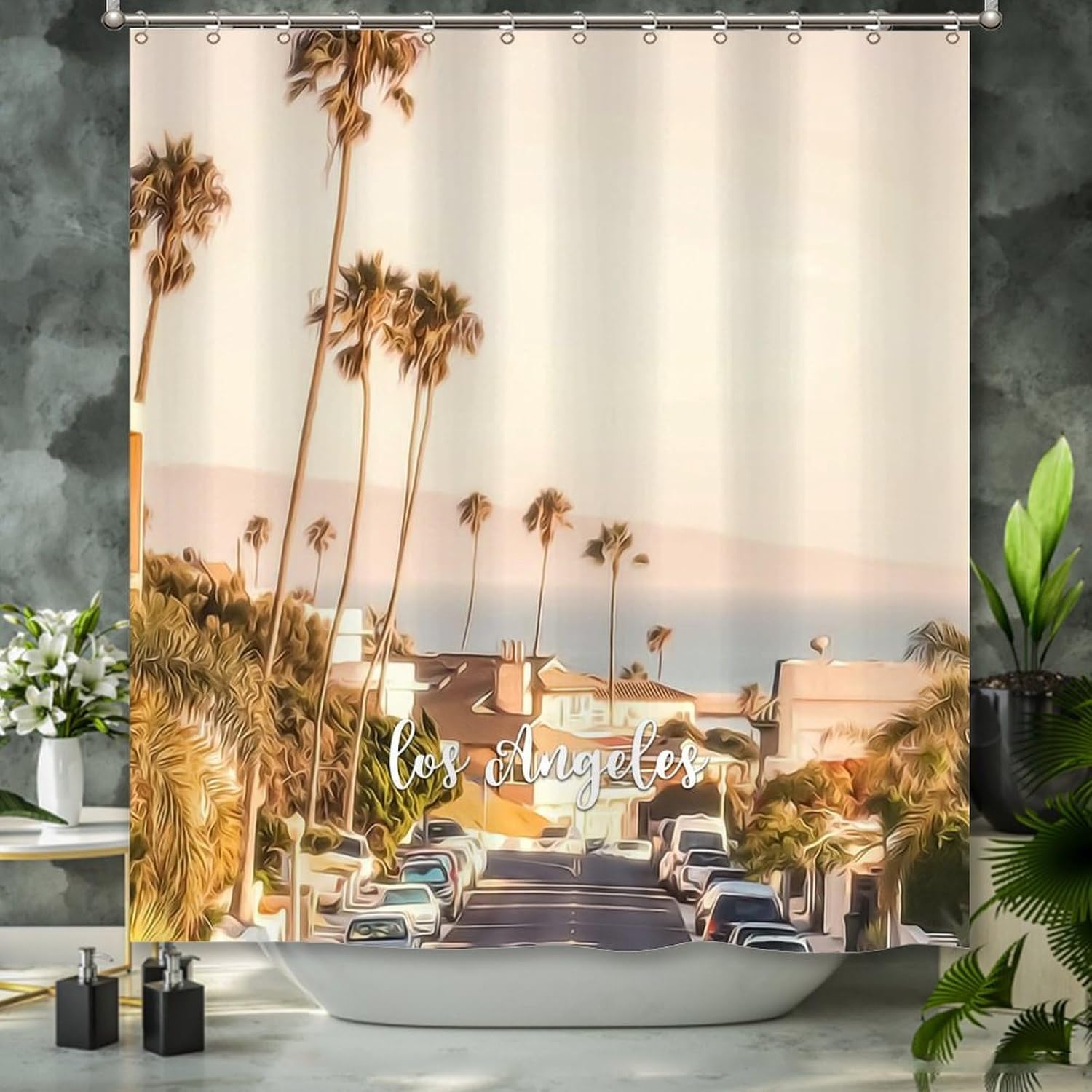 Shower Curtain Los Angeles Travel City Souvenir Hostel Country City Shower Curtain for Bathroom for Bathroom Decor Water-Repellent 72 Inch Novelty Shower Curtain Set with Hooks image 2