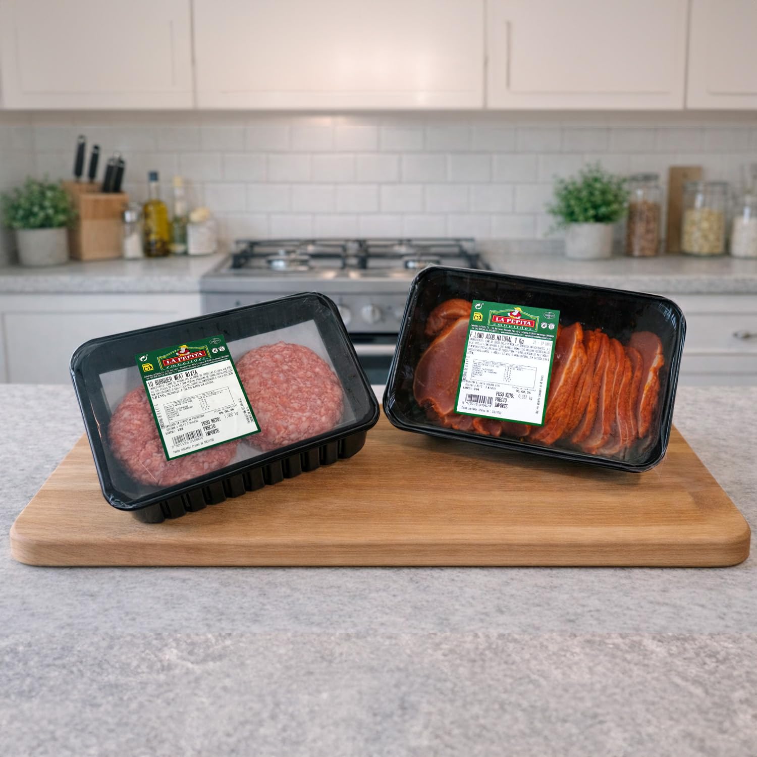 EMBUTIDOS LA PEPITA – Pack Familiar: Lomo Adobado 1,2 kg + Burger Meat Mixta (10 uds.) | Envasado en Atmósfera Protectora | Conservar 0–4 ºC | Cocinar antes de consumir