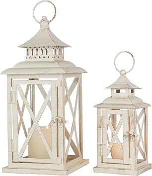 Lanterns Decorative Outdoor&Indoor, Set of 2 14"&10" Beige Metal Lantern Decor with Glass, Candle Holder for Porch, Patio, Garden, Balcony, Wedding, Table Centerpiece