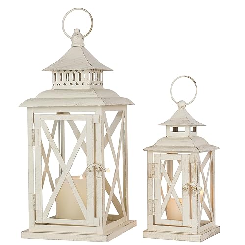 Lanterns Decorative Outdoor&Indoor, Set of 2 (14"&10") Beige Metal Lantern