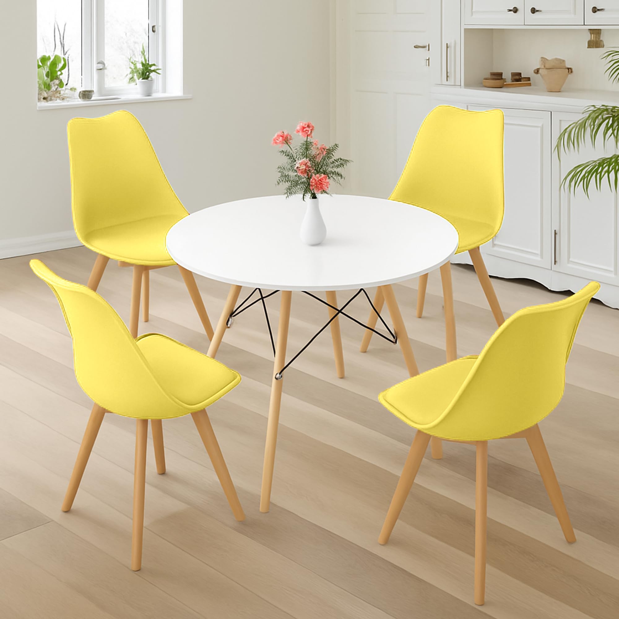 JupiterJX Modern Design Dining Table And Chairs Set 4, Round Kitchen Table Tulip (Table With 4 Yellow Chairs)