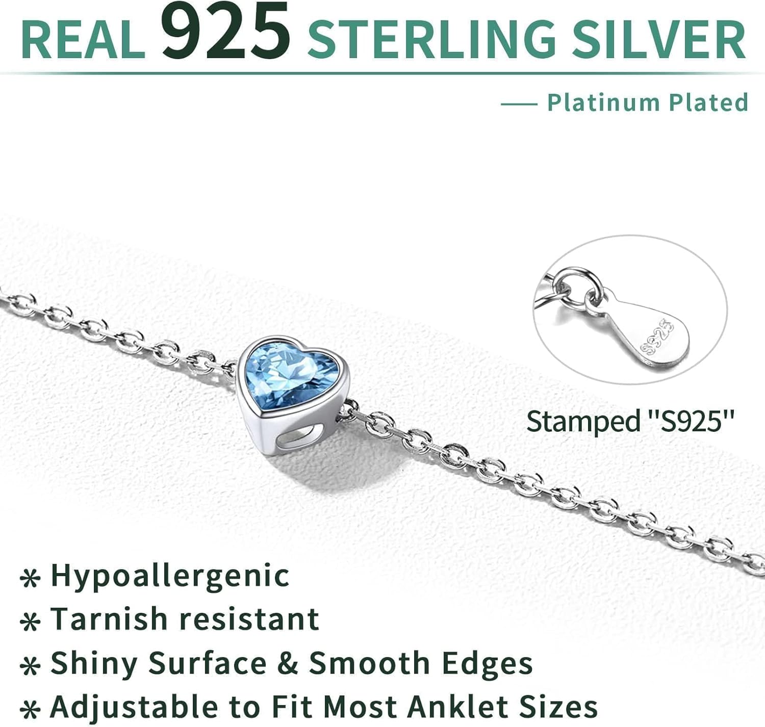 ChicSilver 925 Sterling Silver Anklets for Women, Simple Dainty Round/Heart Birthstone Ankle Bracelet Beach Foot Jewelry, 8.7-10.7 Inch Adjustable