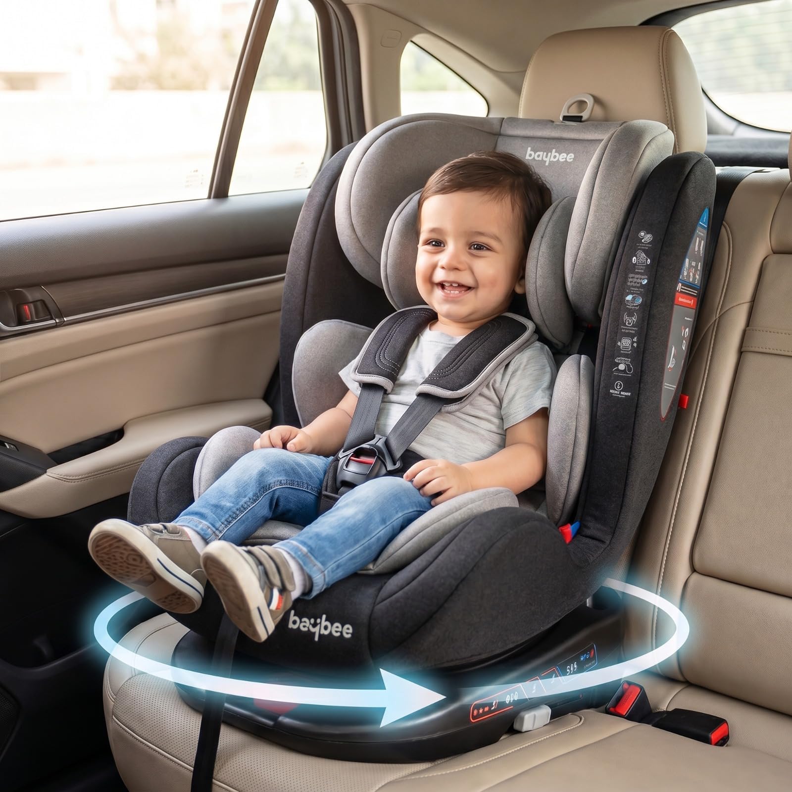 Baybee Car Seat for Baby 0 to 12 Years 360° with ISOFIX, 5-Point Safety Harness, 3 Recline Positions, Soft Cushion, Rear & Forward Facing Installation, Adjustable Headrest, Rotating Child Seat for Car (Grey)-image-14