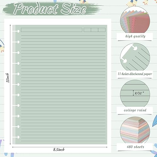 Miniatura 8 de PerKoop Paquete de 12 480 hojas de papel de repuesto de color de 8.5 x 11 pulgadas, rayas universitarias, 11 discos, tamaño carta, papel rayado,