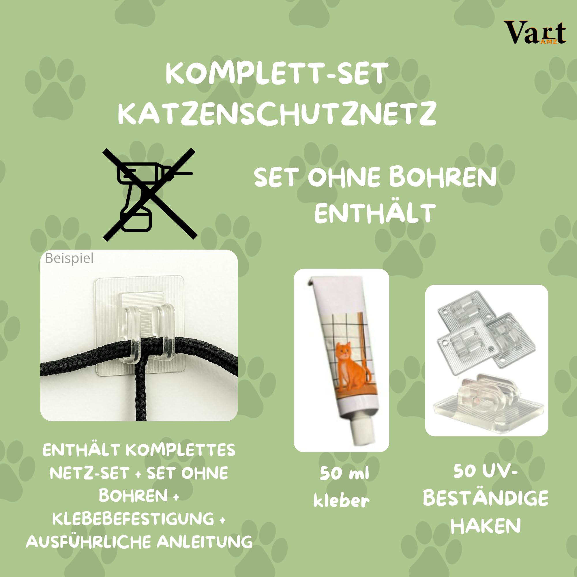 Verstärktes Schutznetz für Katzen, 8 x 3 m, mit Draht, Installationsset ohne Bohren