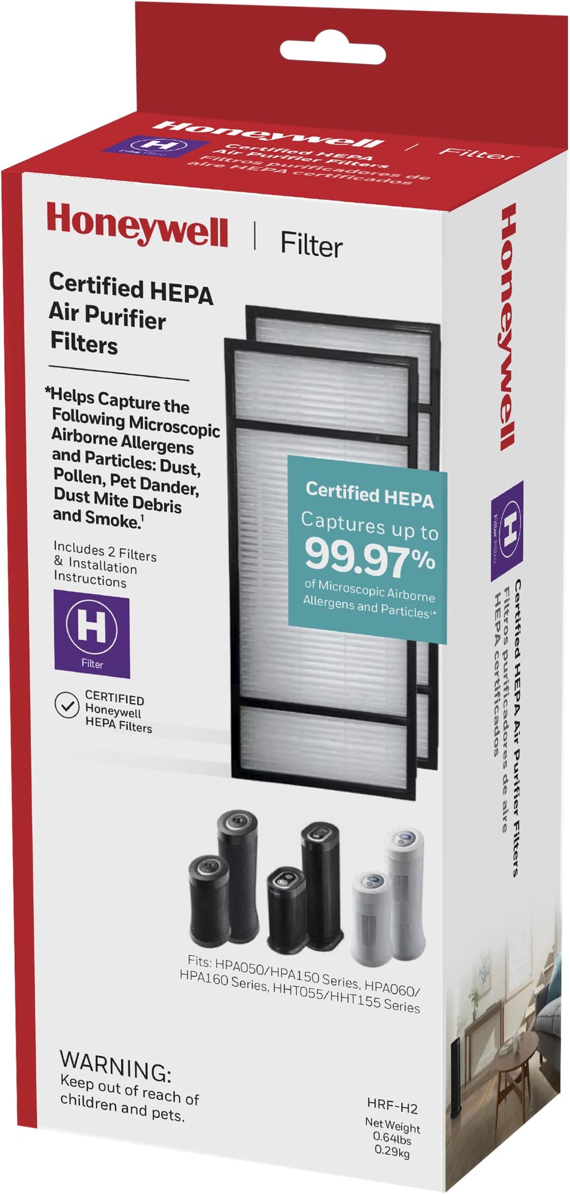 Honeywell HRF-H2 True HEPA Air Purifier Replacement Filter H, 2-Pack – Airborne Allergen Air Filter Targets Wildfire/Smoke, Pollen, Pet Dander, and Dust