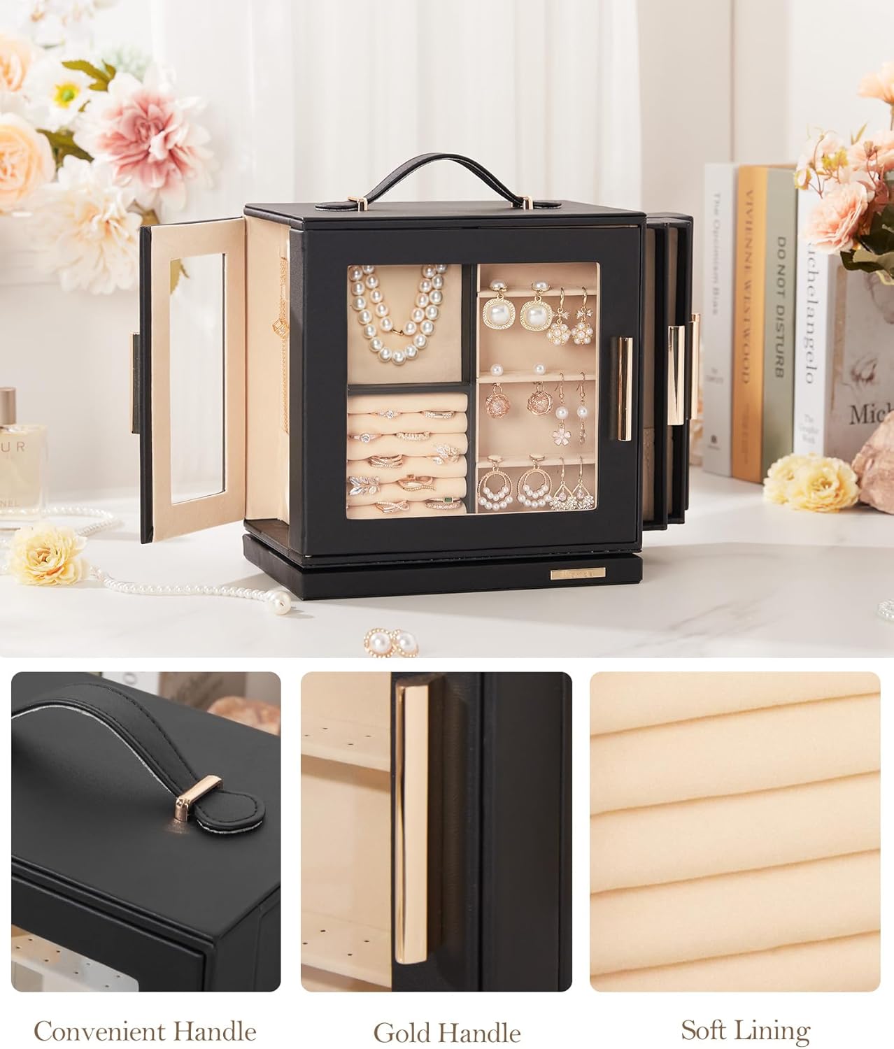 Homde Valentine's Day gifts Jewelry Box 360° Rotating, Necklace Earring Organizer with Transparent Window, Mirror, 7 Drawers, Large Ring Display Storage Case for Girls Women (Black) - Image 5