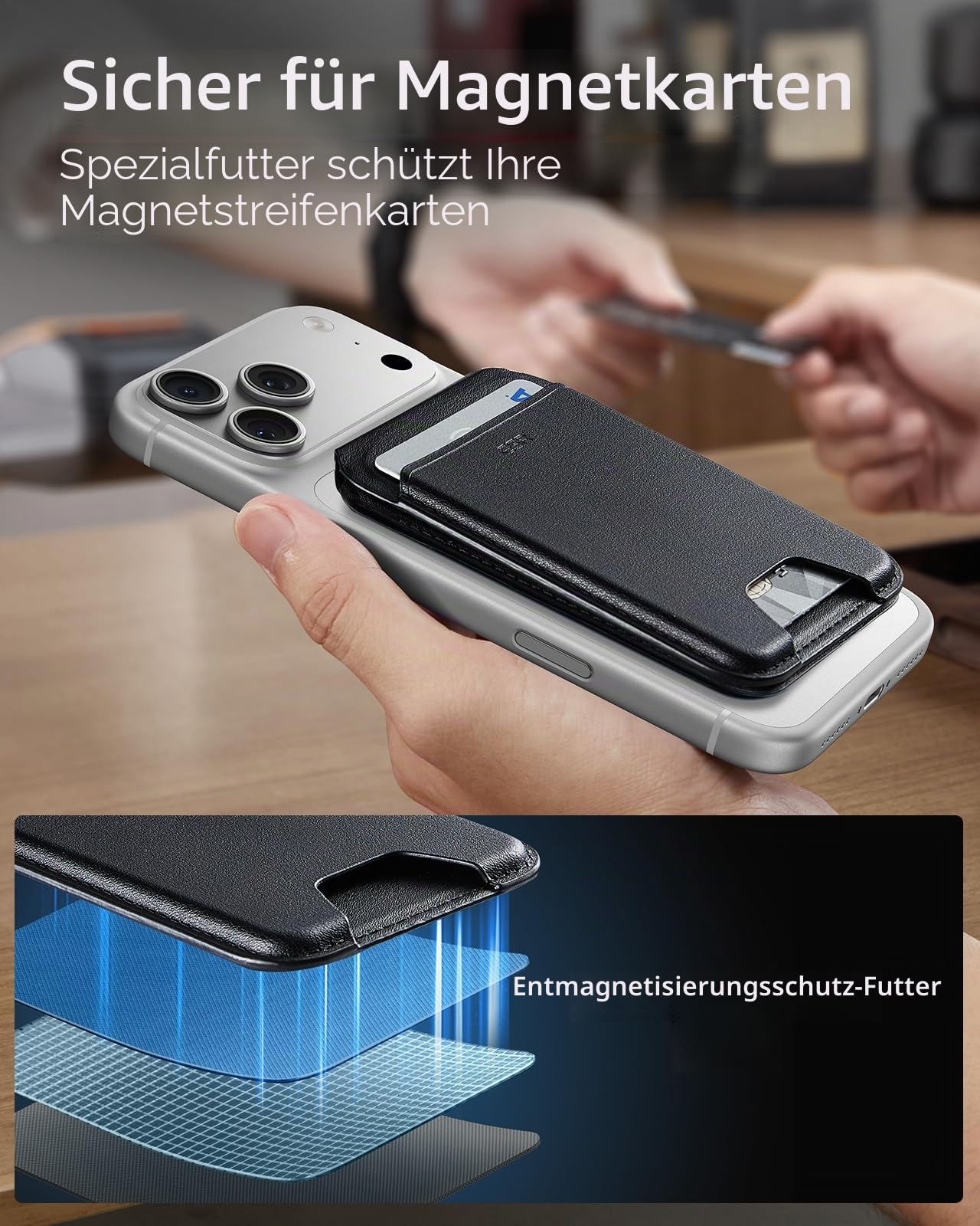 ESR mit MagSafe Wallet, 5 Kartenhalter, RFID-Schutz, für Magsafe Geldbörse mit Ständer, Wallet für iPhone 17e/17/16/15/14/13/12-Serie und Ausgewählte Samsung Geräte, Nicht für 13/12 Mini, Schwarz | Aufgerüstet für MagSafe Wallet