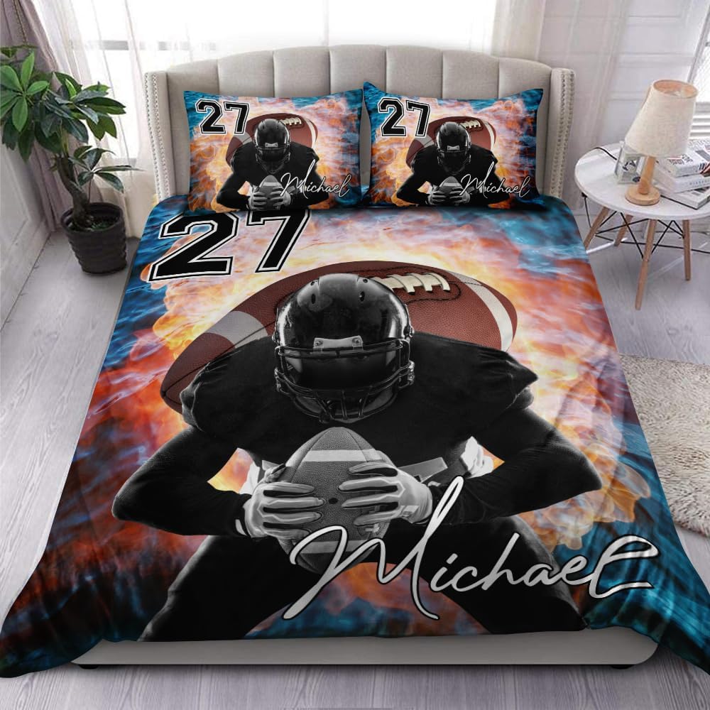 Personalized Football Bedding Set Custom Name & Number Comforter for Boys Sports Fans Twin, Full, Queen, King Sizes (Football 04)