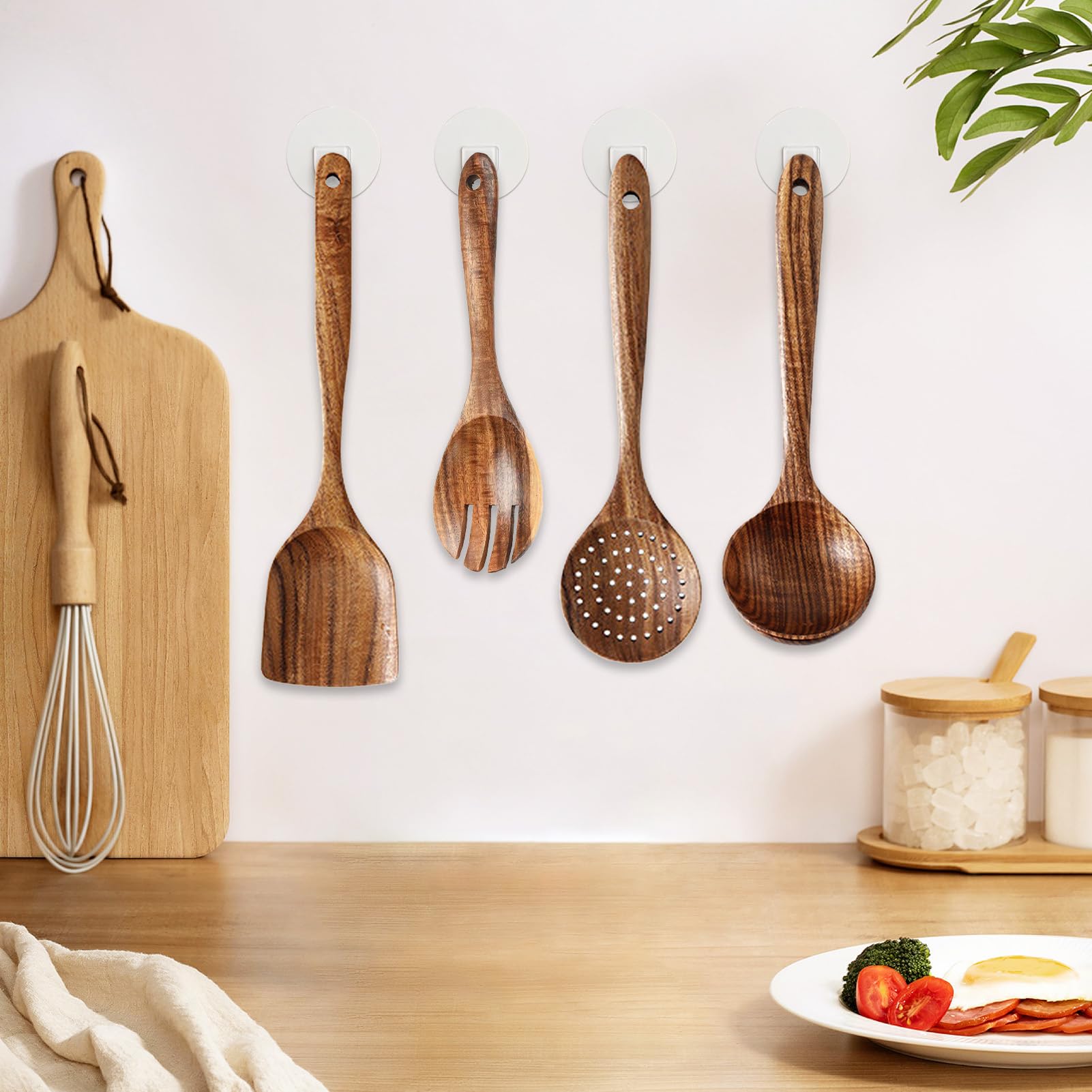 Utensilios de cocina de madera – Juego de 4 cucharas de cocina de madera | de acacia natural de 12.99 pulgadas | Juego de utensilios de cocina, cuchara de sopa grande, espátula de madera para mezclar