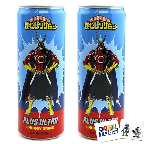 My Hero Academia All Might Plus Ultra Energy Drink (paquete de 2) lata de 12 onzas líquidas (12.0 fl oz) con 2 calcomanías GosuToys