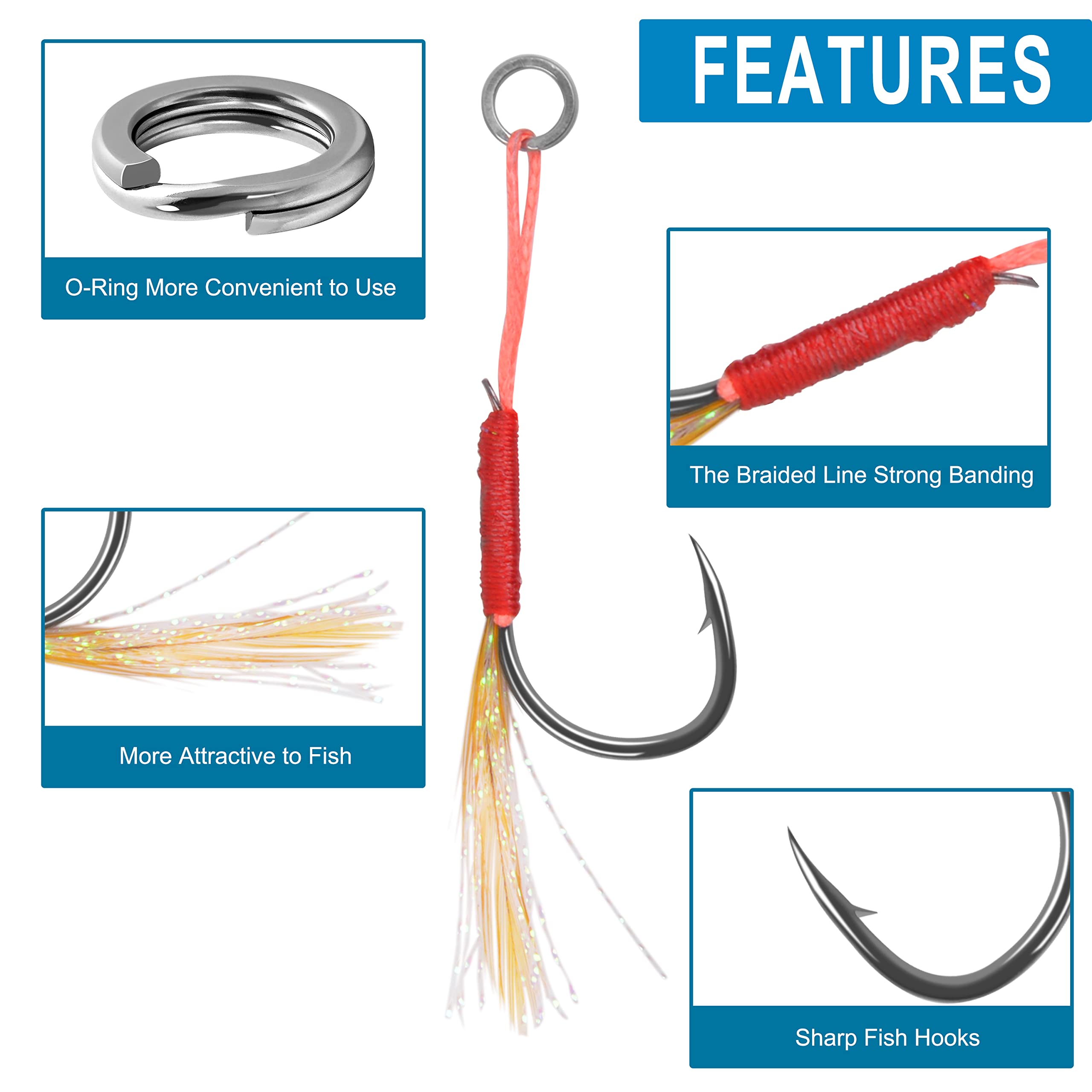 Assist Jig - Kit di Ami da Pesca, 50 Ganci Con Piume in Acciaio Ad Alto Tenore di Carbonio Affilati per Esche a Passo Lento, Set per Traina