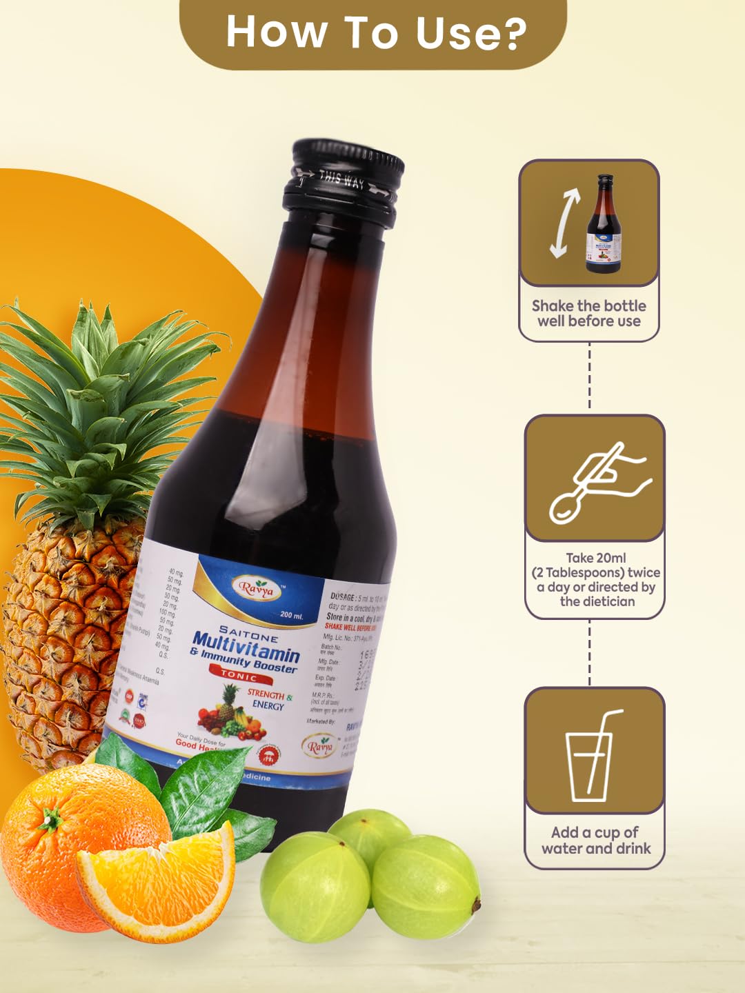 Ravya Multivitamin Tonic Syrup 200 ML | Complete daily nutrition for | Increases immunity, energy and welfare Ravya Multivitamin Tonic Syrup 200 ML | Complete daily nutrition for | Increases immunity, energy and welfare