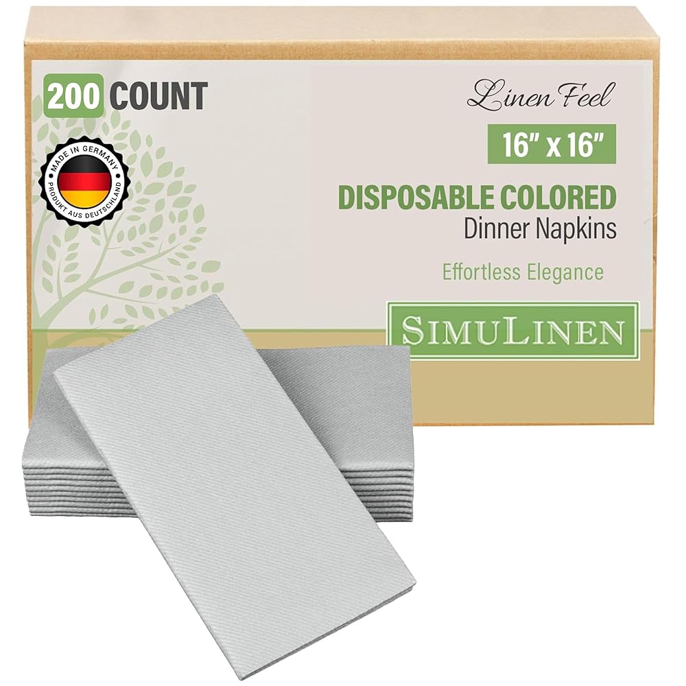 SimuLinen Silver Linen Feel Disposable Dinner Napkins - Cloth-Like Kosher Napkins for Celebrations, Weddings, and Showers, 16x16, Box of 300