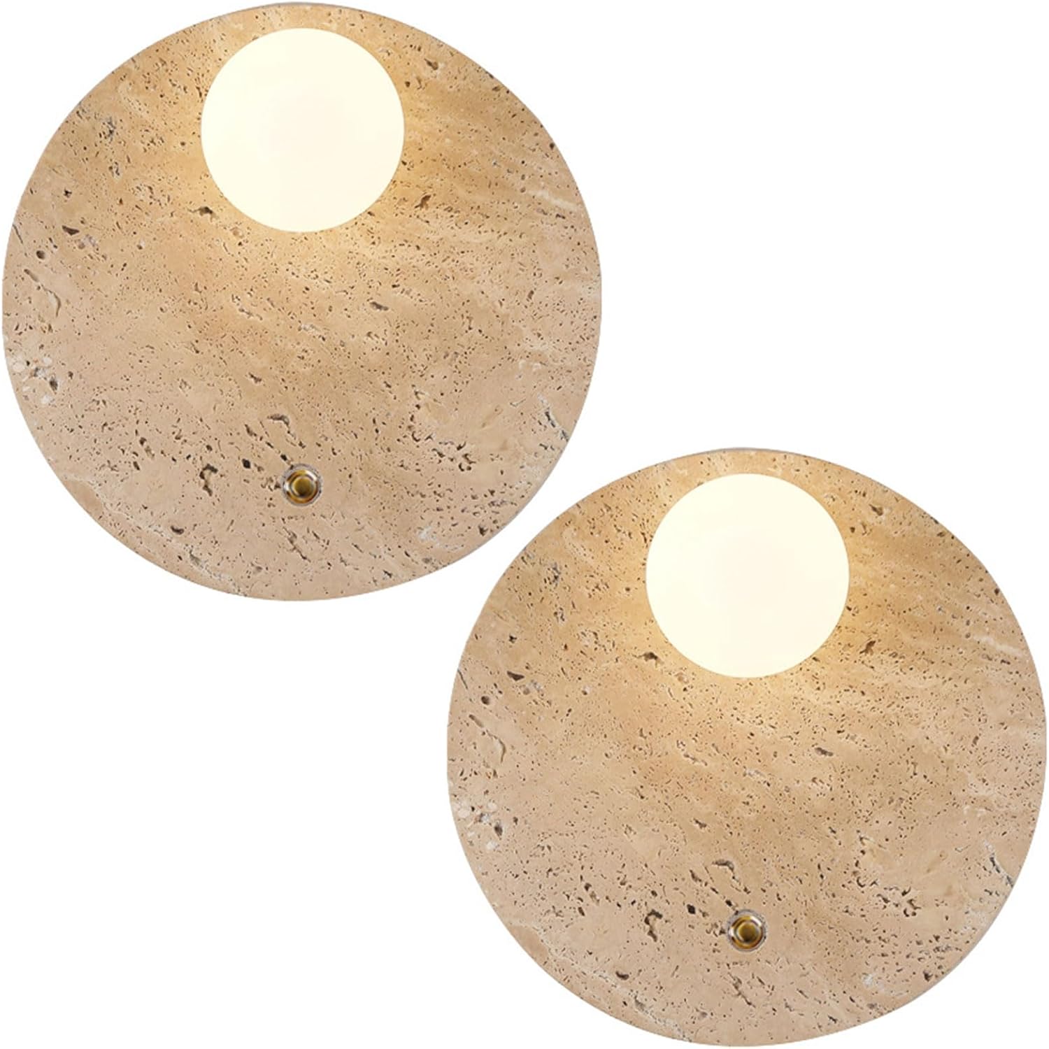Stone Wall lamp Set of 2 with Glass Lampshade Indoor Round Travertine Wall Sconce G9 Base Wall Lights Fixtures with Switch for Bedroom Living Room Bathroom Vanity