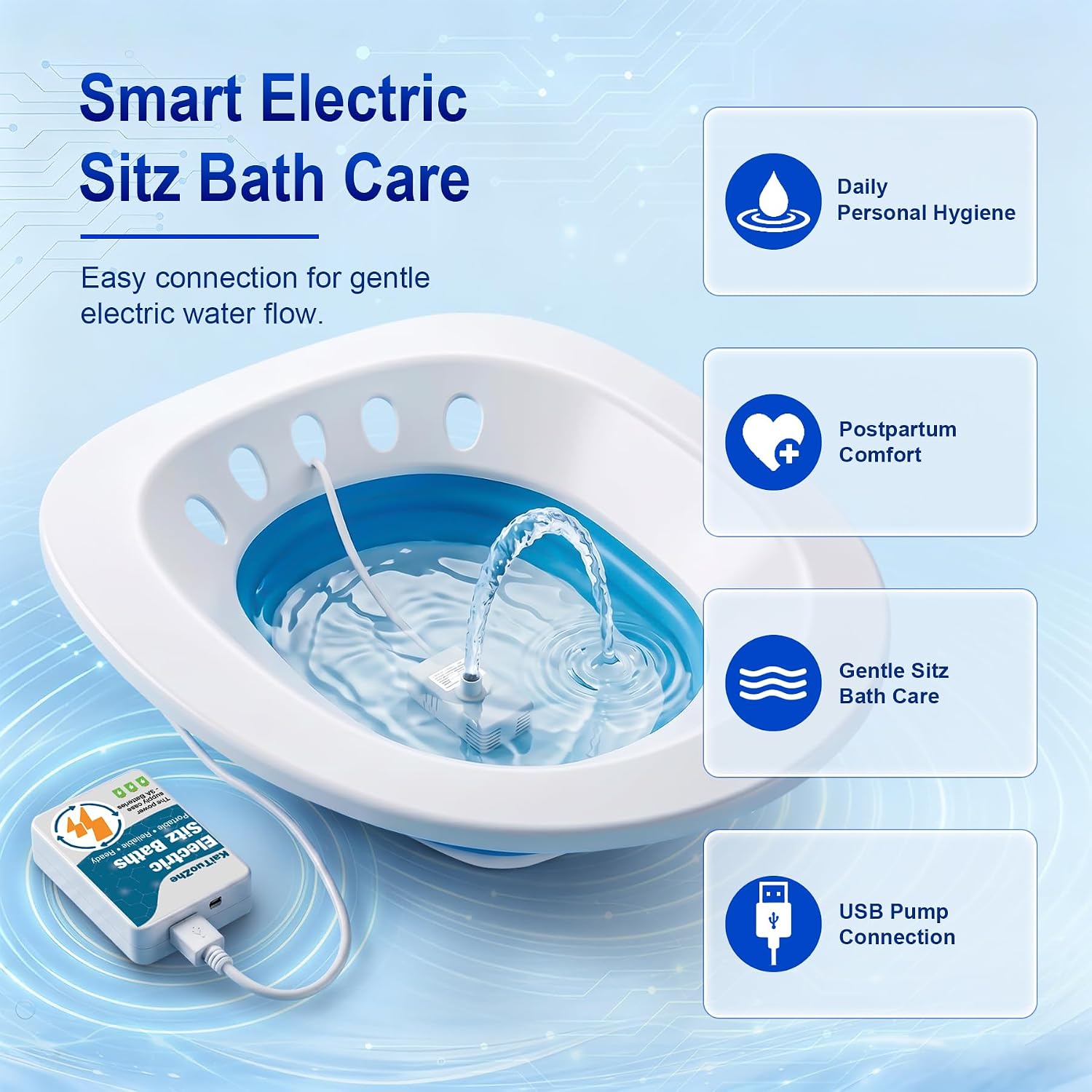 Electric Sitz Bath for Toilet Seat - Yoni Steam Seat -Portable Sitz Bath Tub for Hemorrhoids and Postpartum Care - Wide Seat - Deeper Bowl - Blue