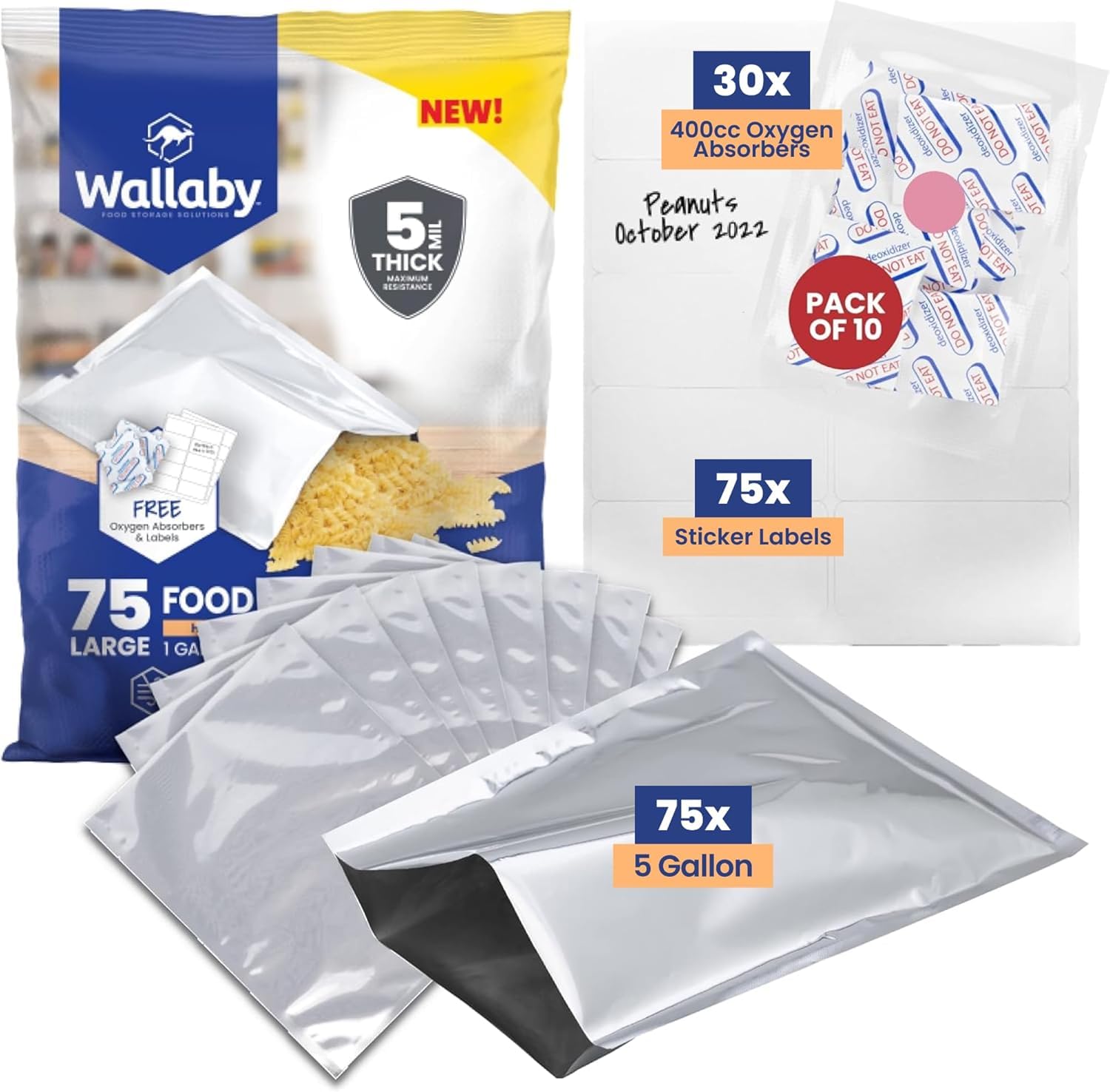 Wallaby 1-Gallon Open Top 10 Mil Mylar Bags, Oxygen Absorbers (75-Pack)