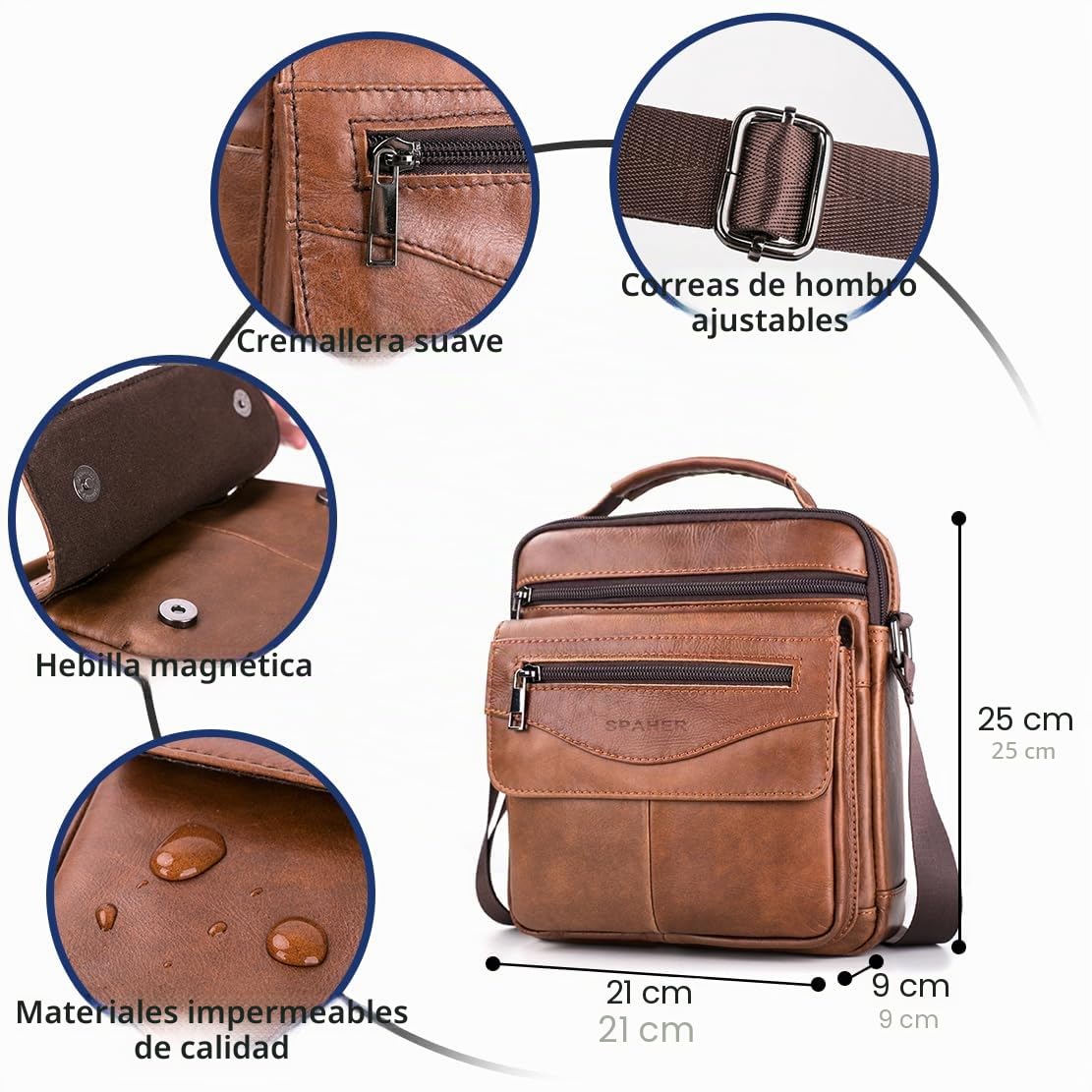 SPAHER Bandolera de Cuero Grande Bolso Piel Caballero Mariconeras para Hombres Man Bag