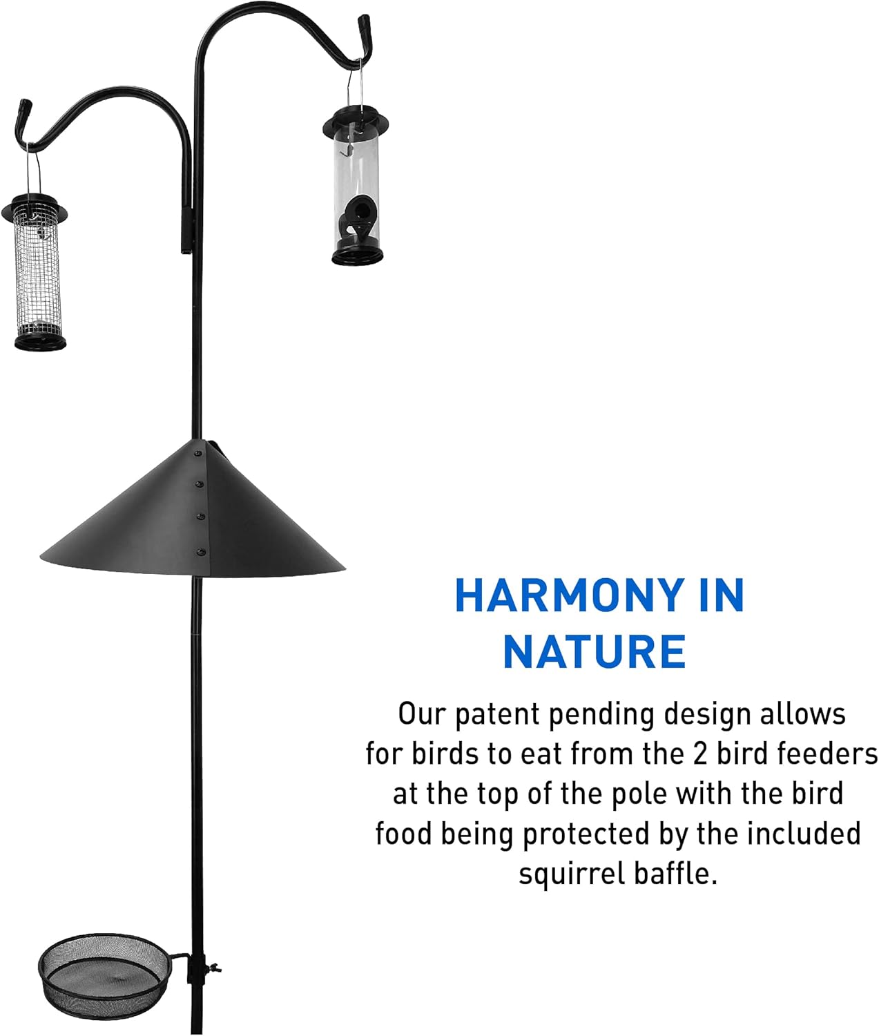Shepherd Hook Squirrel Proof 2 Bird Feeder � Wild Bird Station - Powder Coated 90in Steel Pole � Squirrel Baffle � 2 Feeders � 1 Squirrel Peanut Feeder - 5 Prong Base � PATENT PENDING