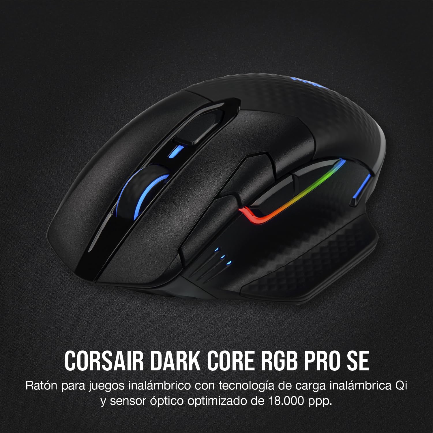 Corsair Dark Core RGB Pro SE Ratón Inalámbrico para Juegos FPS/MOBA con Carga Inalámbrica Qi - 18.000 PPP - 8 Botones Programables - Inalámbrico Sub-1ms - iCUE - Negro