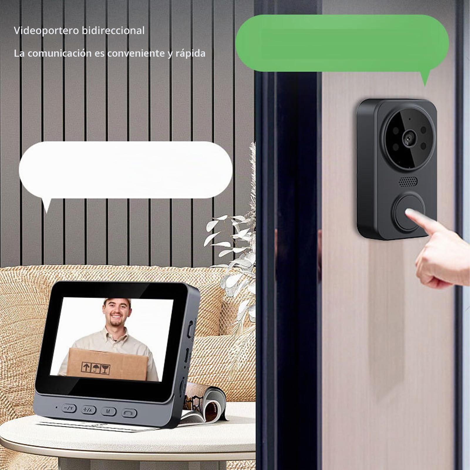 Inalámbrico de Videoportero WiFi, de Timbre de Intercomunicador Visual HD 1080P de Voz Bidireccional con Cámara y Monitor, Timbre de Video Inalámbrico