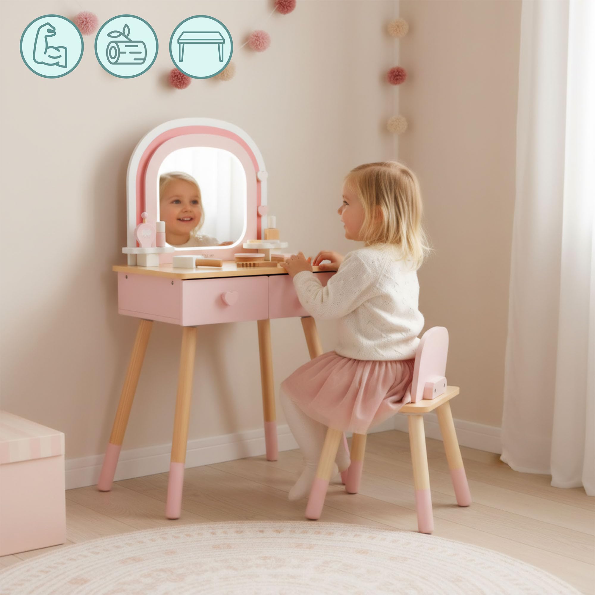 mamabrum Toeletta In Legno Per Bambini Con Specchio LED, Luce Regolabile, Sgabello E Accessori – Arredo Educativo E Creativo Ideale Per La Cameretta E Il Gioco Di Ruolo